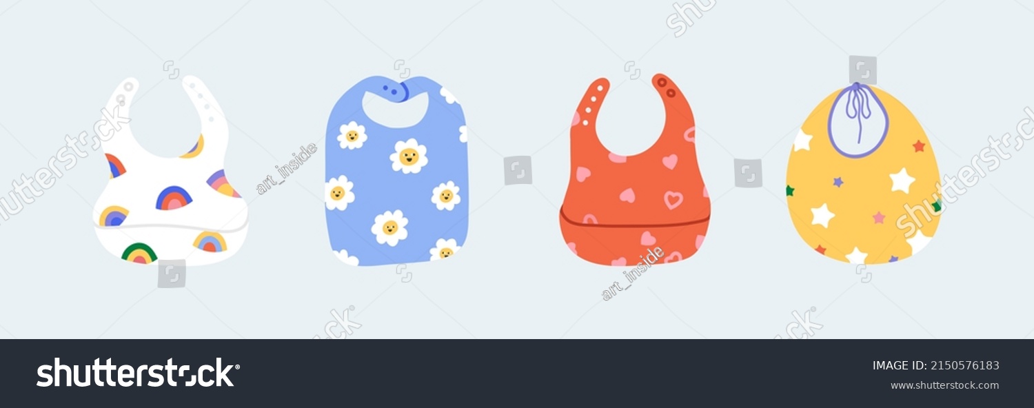 SVG of Cute bib set for baby feeding. Breastplate with various playful patterns like rainbow, flowers, heart, stars. Different types of apron from textile, silicone, tissue. All items are isolated svg