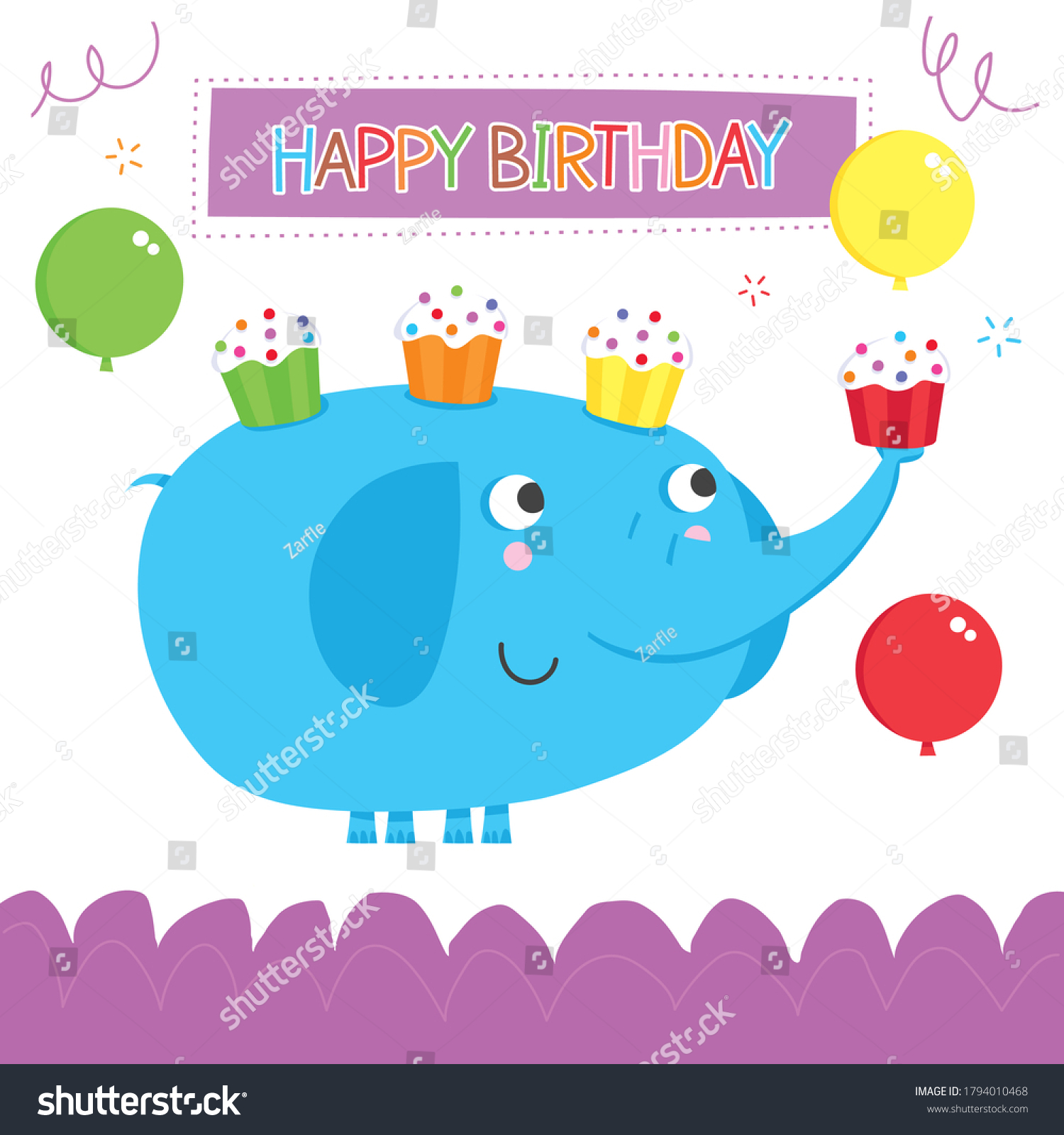 SVG of Cute birthday card of nice elephant with balloons and cake. svg