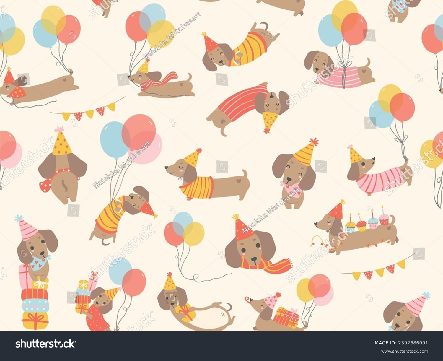 SVG of cute Birthday dog pattern seamless background with party dachshund sausage dog cartoon illustration. svg
