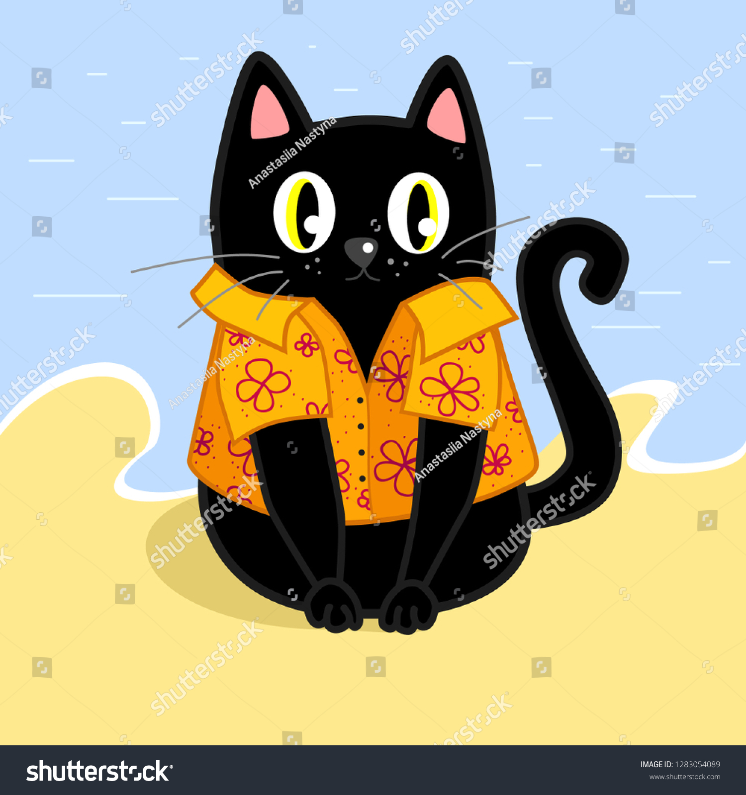 Cute Black Cat Yellow Hawaiian Shirt Stock Image Download Now