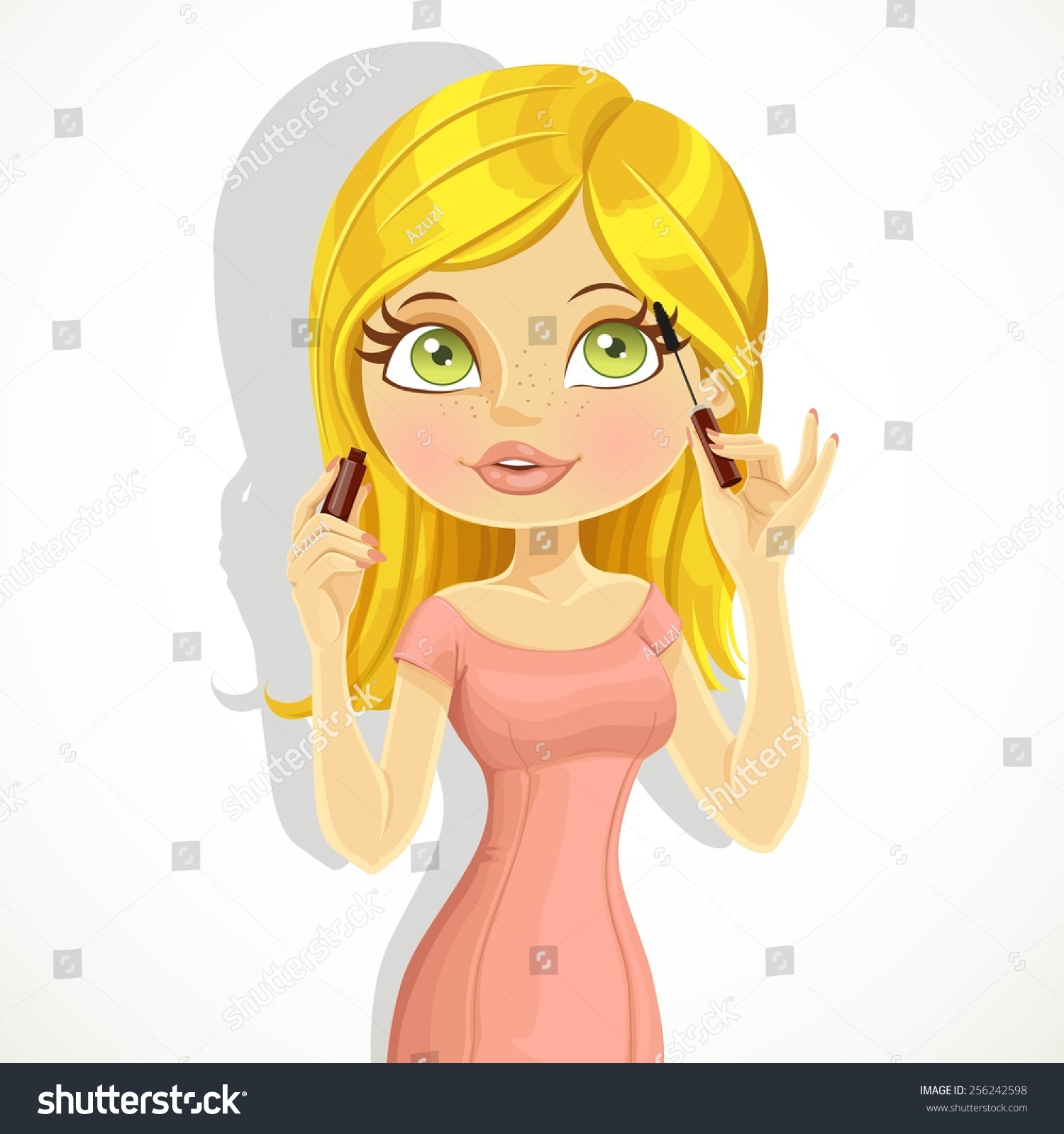 Cute Blond Girl Colors Eyelashes Mascara Isolated On A White Background ...