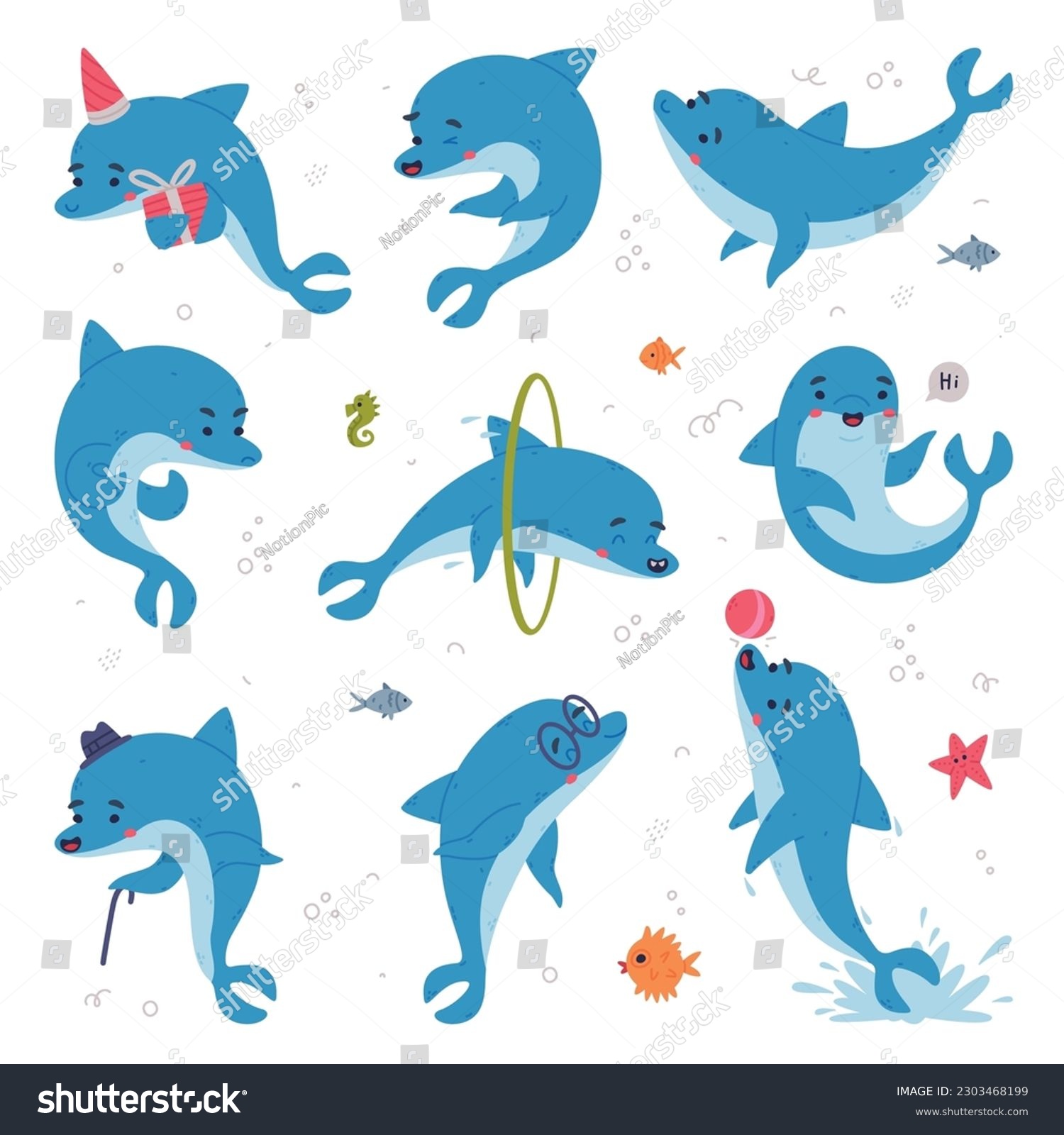SVG of Cute blue dolphins set. Funny happy underwater animals performing tricks in dolphinarium cartoon vector illustration svg