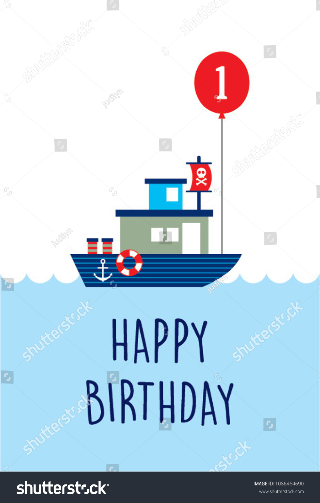 Cute Boat Ship First Happy Birthday Transportation Stock Image