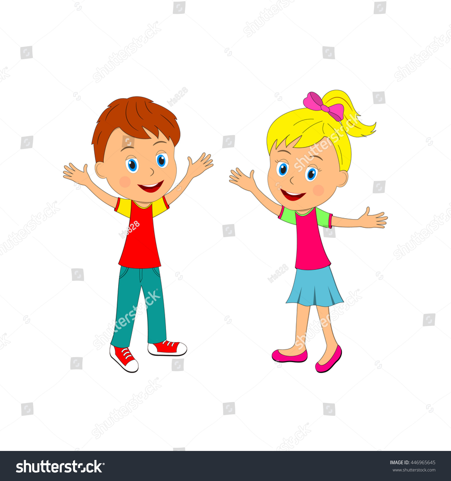 Cute Boy Girl Smiling Hands Up Stock Vector 446965645 - Shutterstock