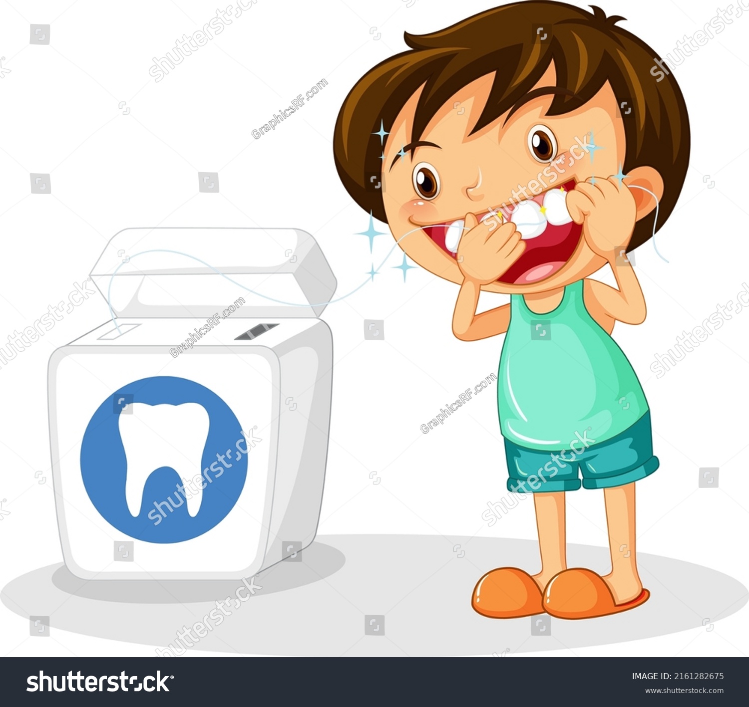 Cute Boy Cartoon Character Flossing Teeth Stock Vector (Royalty Free ...