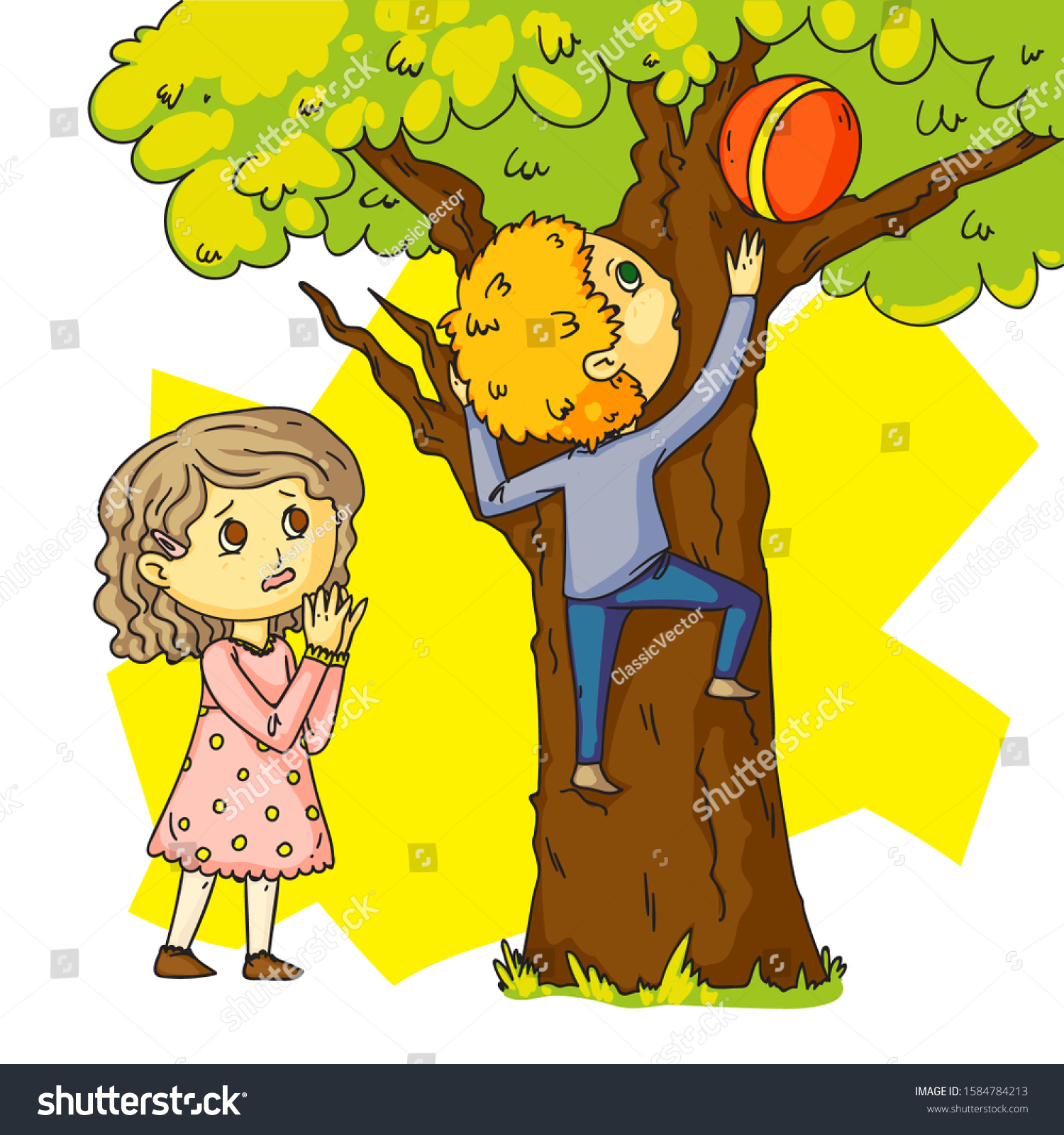 Cute Boy Climbing Tree Ball Help Stock Vector Royalty Free