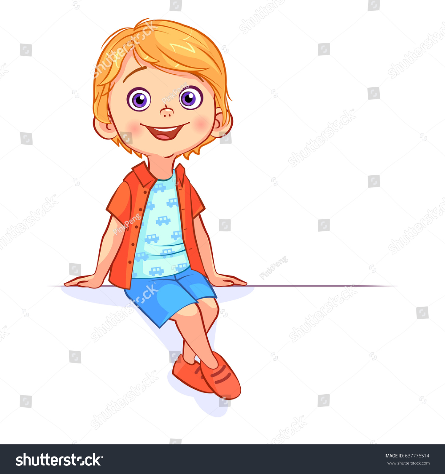 SVG of Cute bright boy sits on a large white banner, dangling cross-legged. Funny vector isolated illustration for billboard. svg