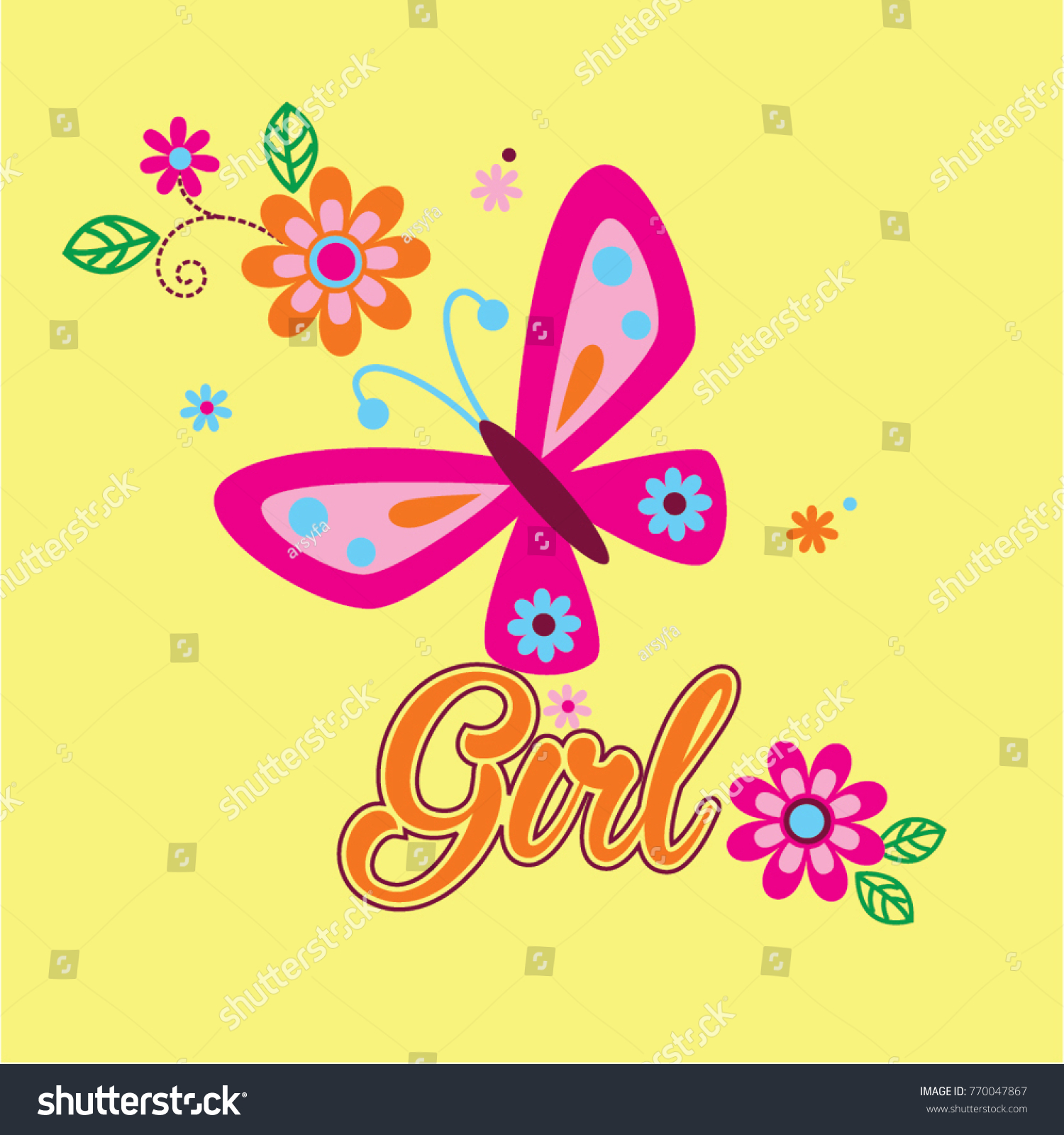 Cute Butterflies Colorful Flowers Vector Illustration Stock Vector ...