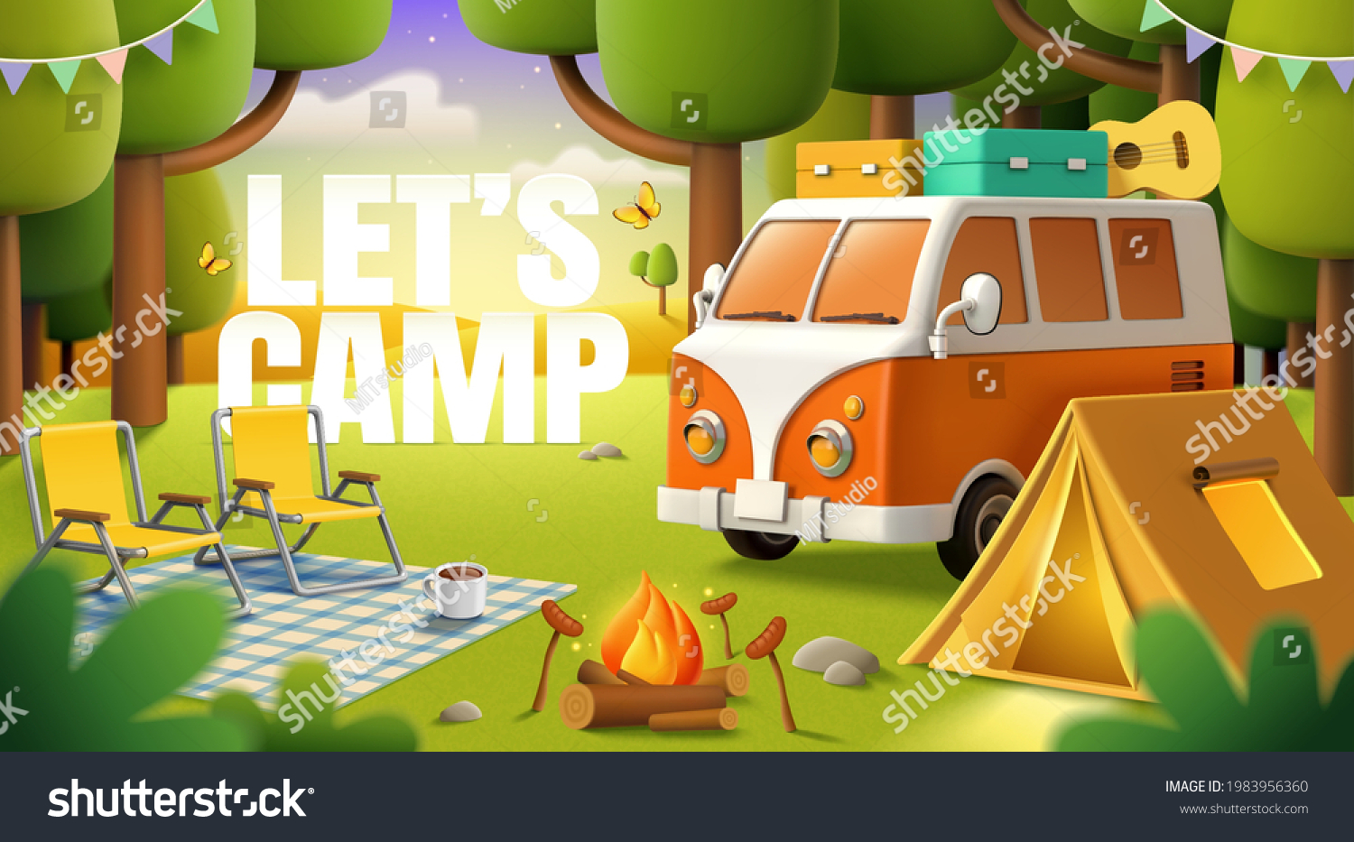 SVG of Cute camper van, tent, bonfire and outdoor picnic equipment settled in the forest. Concept of wanderlust, travel, and camping adventure. 3d illustration. svg