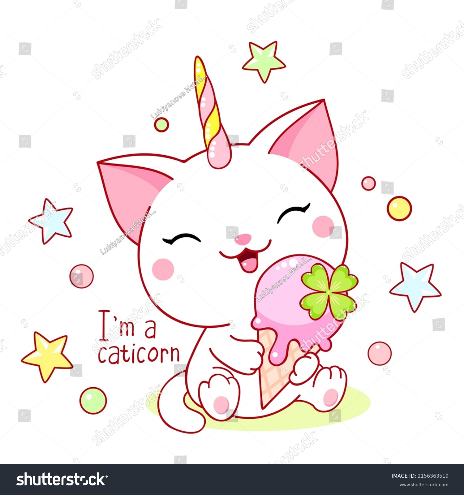 SVG of Cute card in kawaii style. Little unicorn cat with ice cream. Happy white kitten unicorn. Inscription I'm a caticorn. Vector illustration EPS8 svg