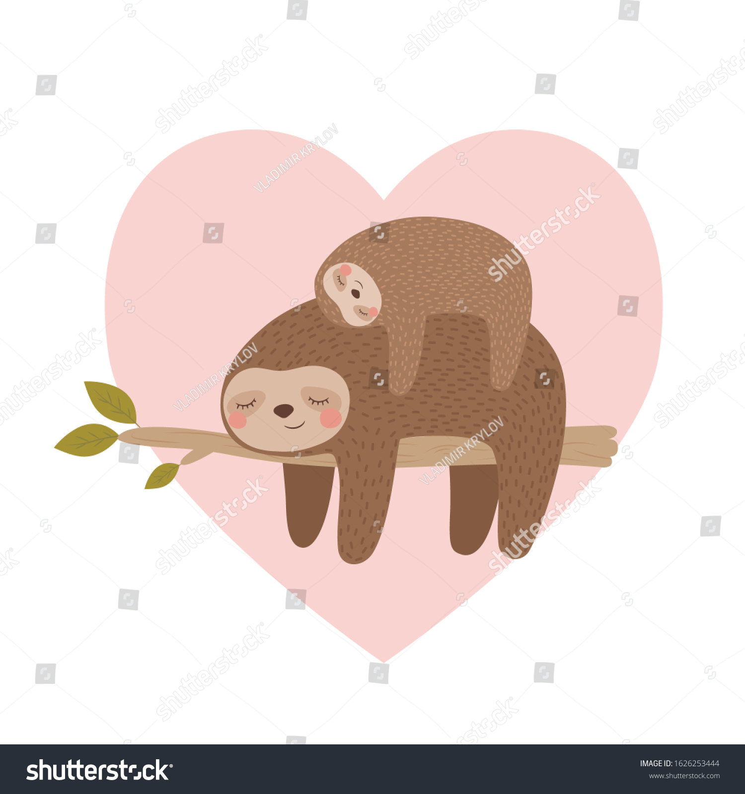 Cute Card Cartoon Sloth Mom Baby Stock Vector (Royalty Free) 1626253444