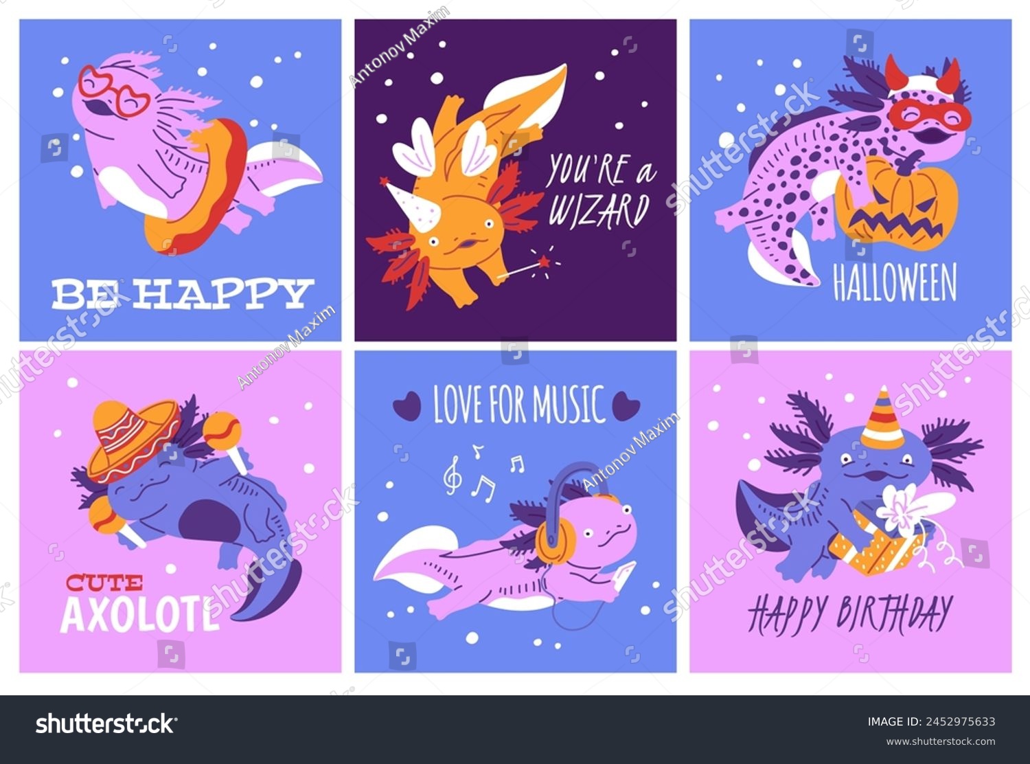 SVG of Cute cards for various occasions and holidays with funny axolotl salamander, cartoon flat vector illustration. Birthday and holiday prints and banners with axolotl. svg