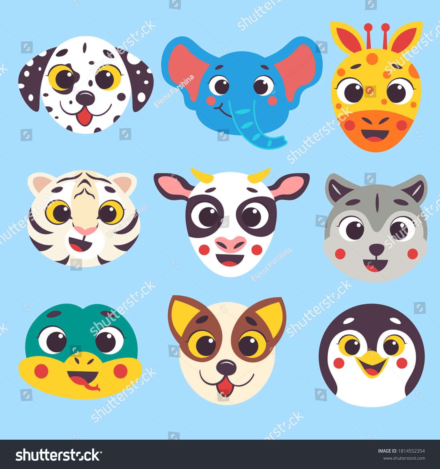 SVG of Cute cartoon animals faces set part 3. Isolated vector illustration. Dalmatian dog, elephant, giraffe, white tiger, cow, wolf, snake, dog, penguin heads nursery decor. svg