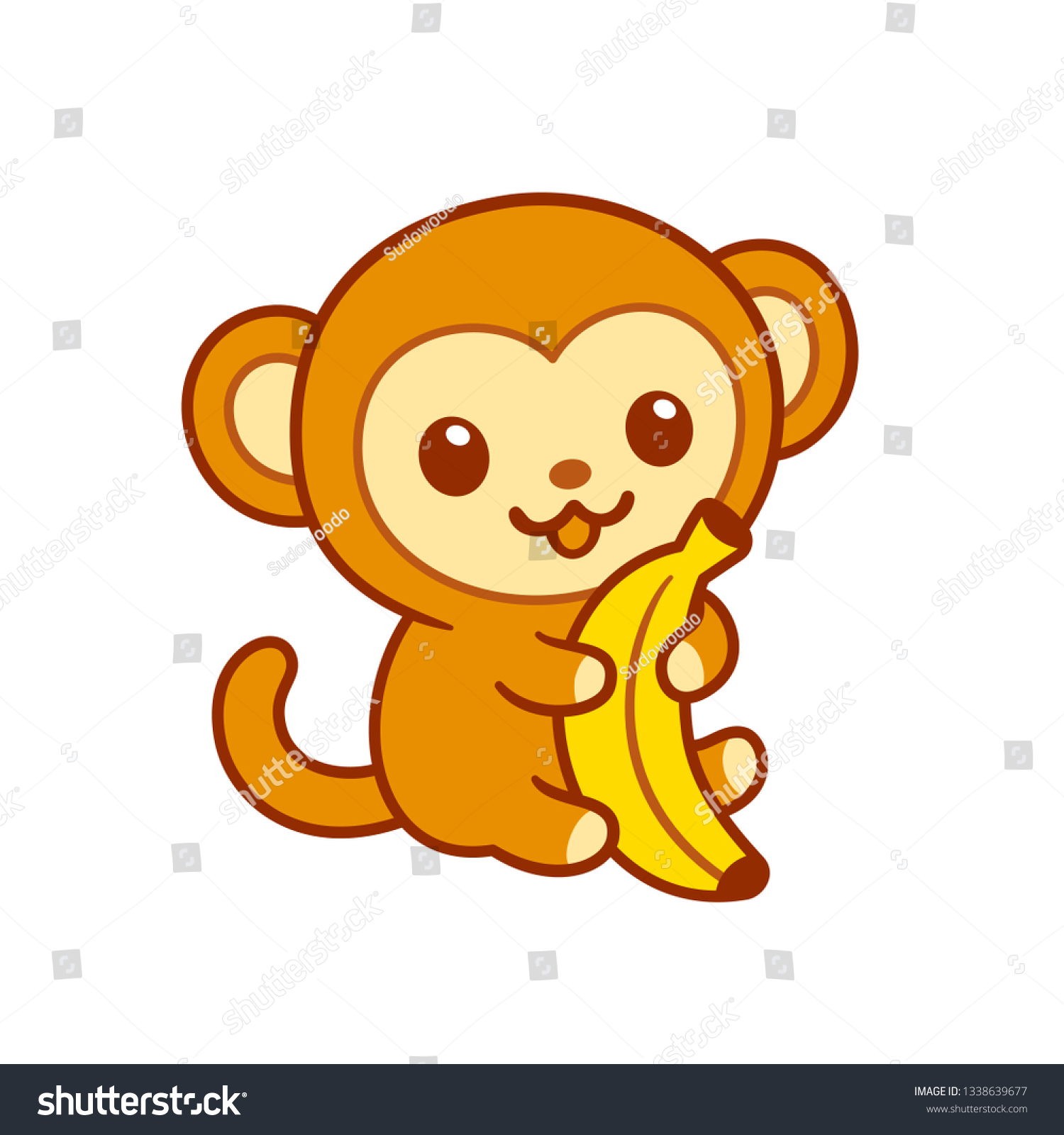 バナナを抱きしめたかわいい漫画の赤ちゃん猿 かわいい文字の絵 分離型ベクタークリップアートイラスト のベクター画像素材 ロイヤリティフリー