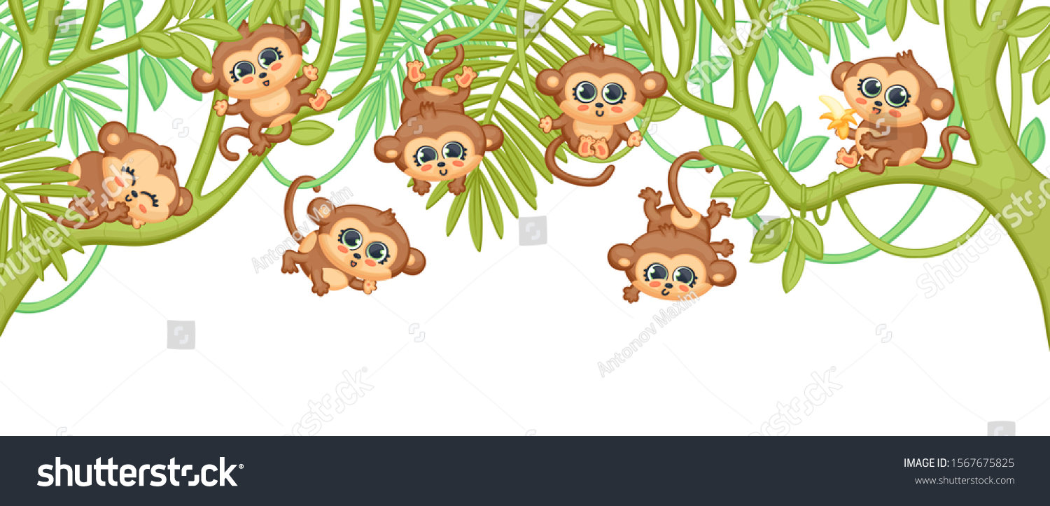 Cute Cartoon Baby Monkeys Hanging On Stock Vector Royalty Free