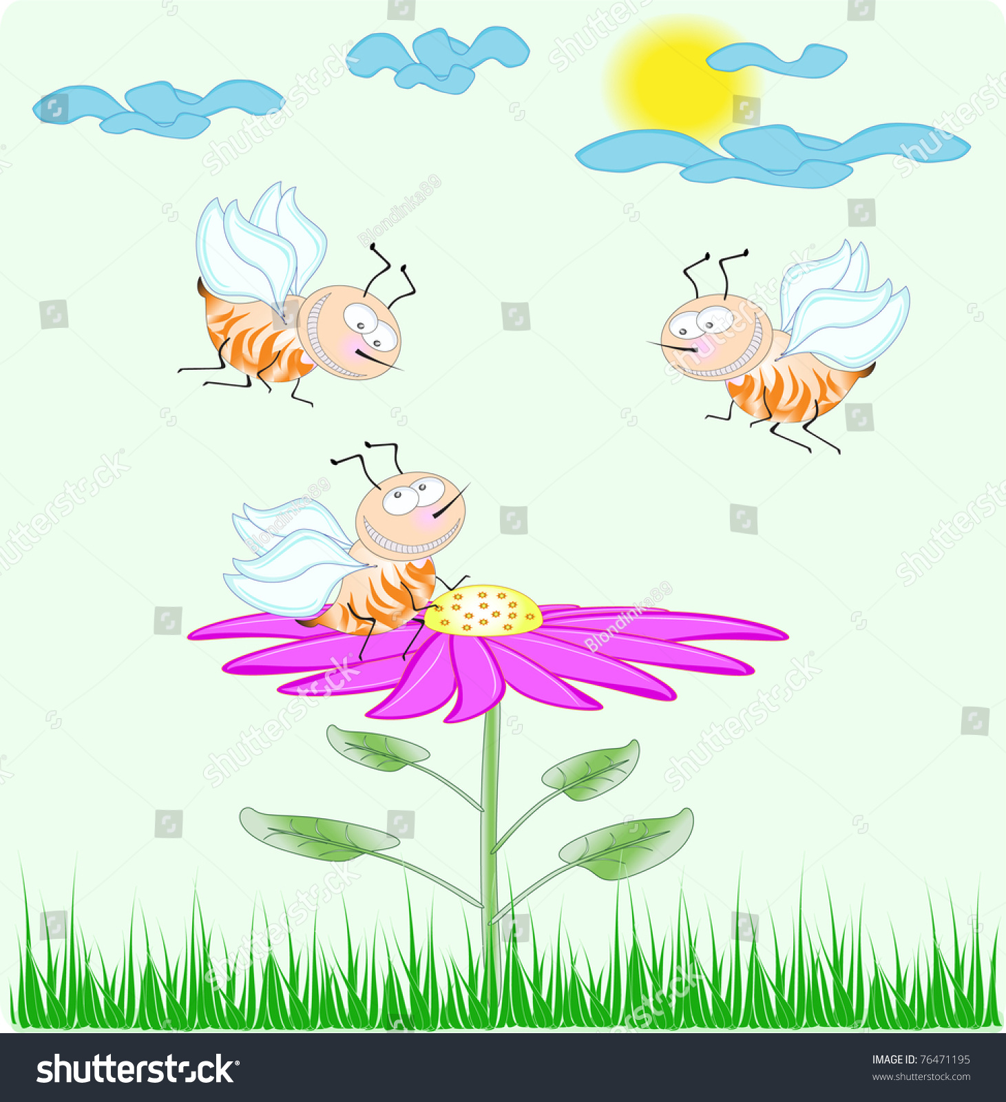 Cute Cartoon Bees On Flower Stock Vector Royalty Free 76471195 Stock Vector Cute Cartoon Bees On The Flower 76471195
