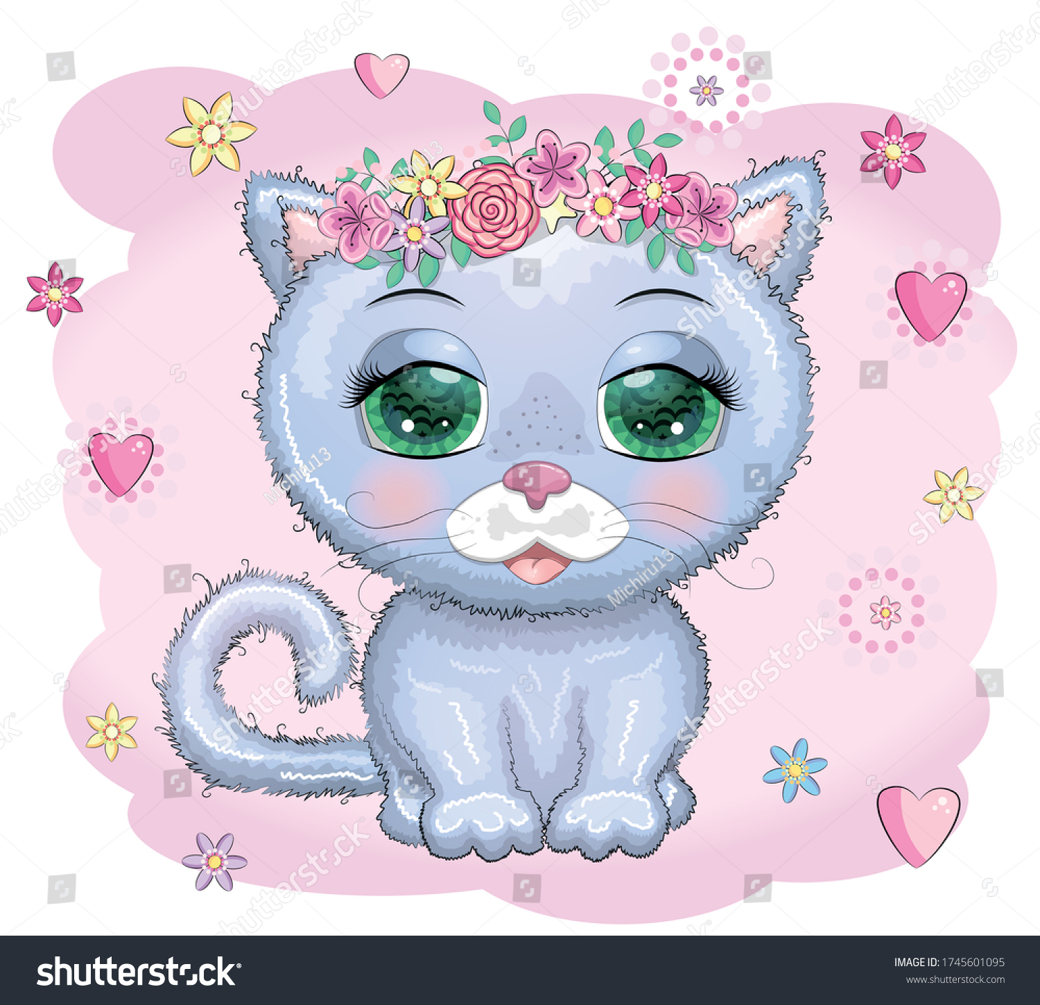 Cute Cartoon Blue Cat Kitten On Stock Vector (Royalty Free) 1745601095