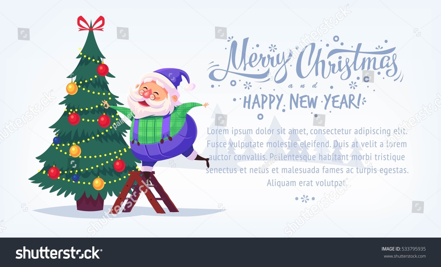 Cute cartoon blue suit Santa Claus decorating Christmas tree Merry Christmas vector illustration Greeting card poster
