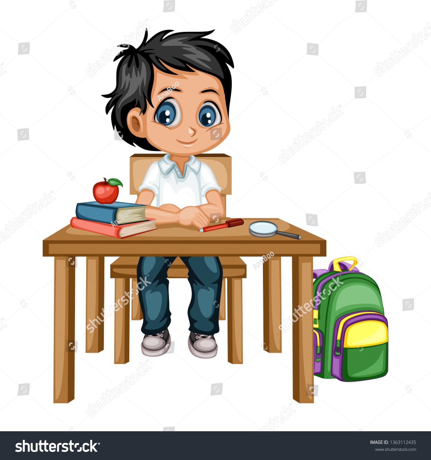 Cute Cartoon Boy Sitting Desk Different Stock Vector Royalty Free