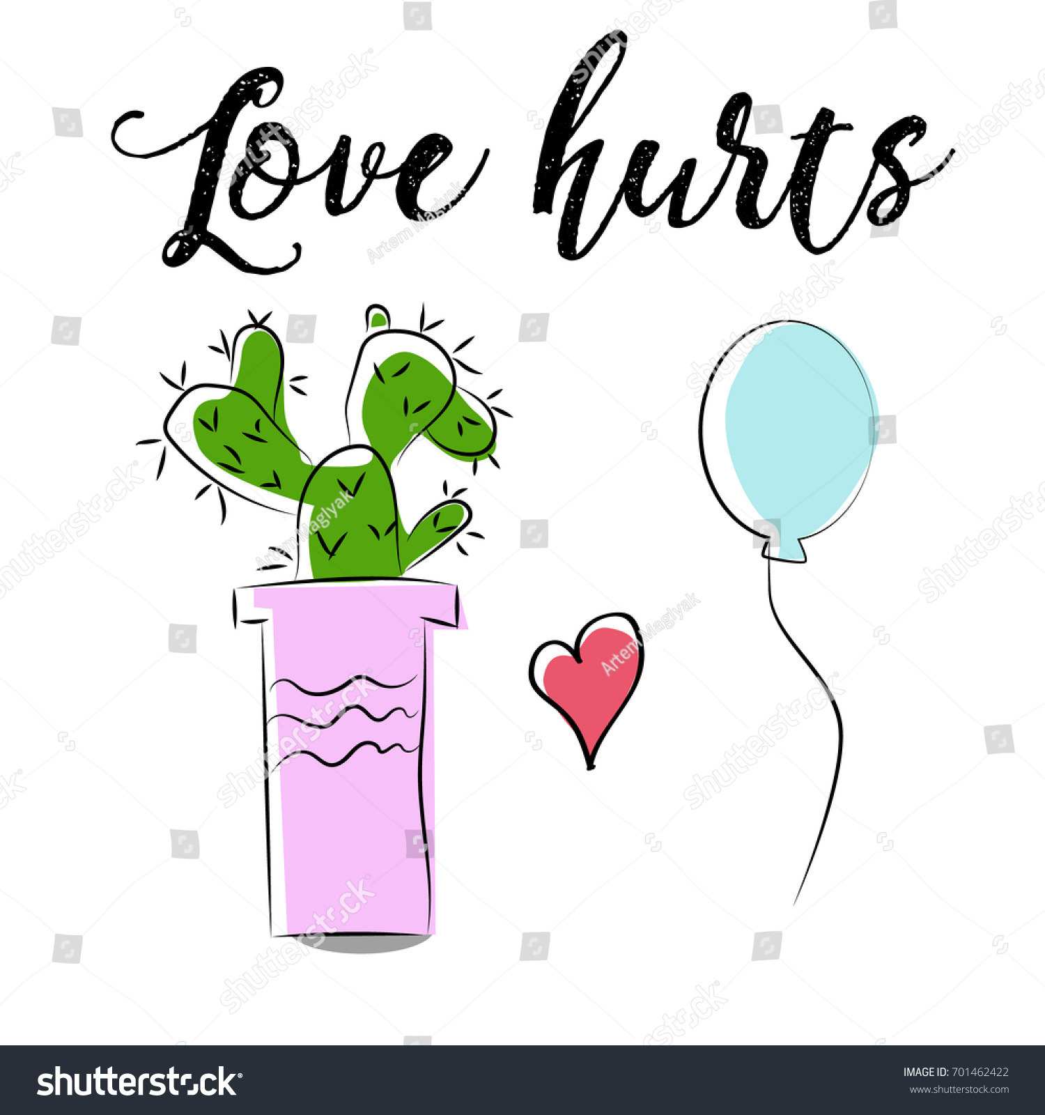 Cute cartoon cactus and balloon hug vector drawing Love hurts funny Valentine s day