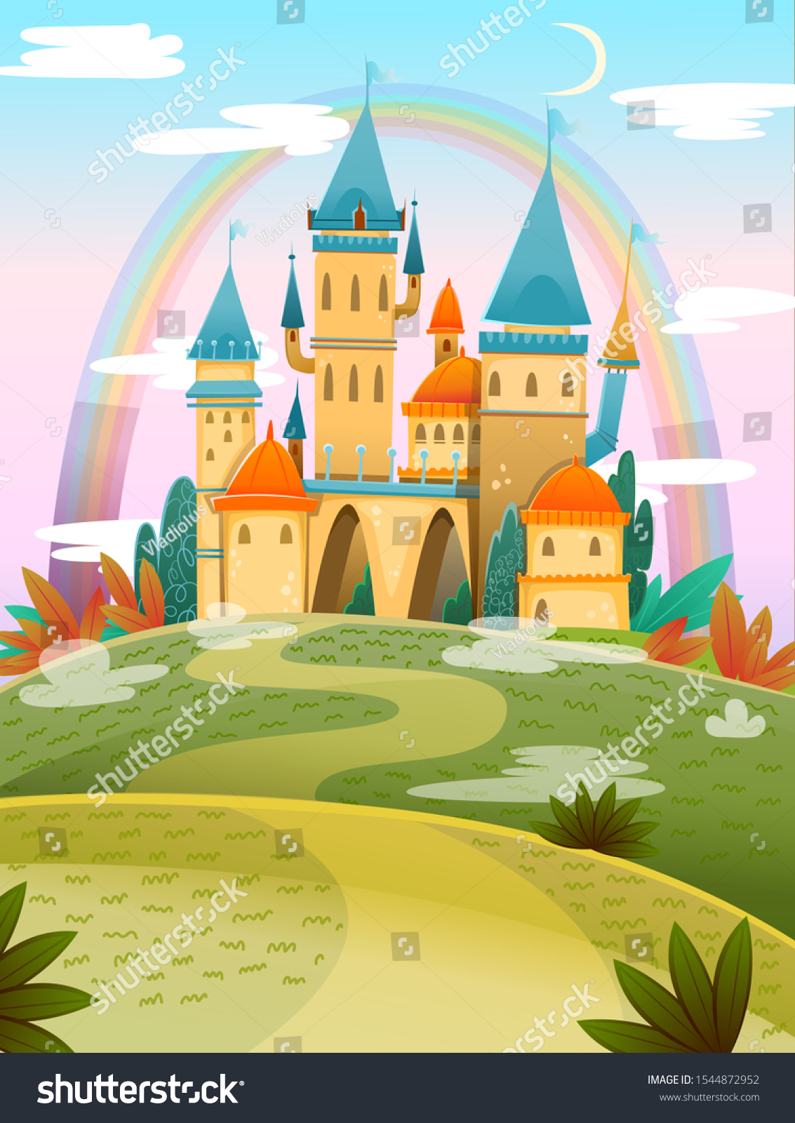SVG of Cute cartoon castle. FairyTale cartoon castle. Fantasy fairy tale palace with rainbow. Vector illustration svg
