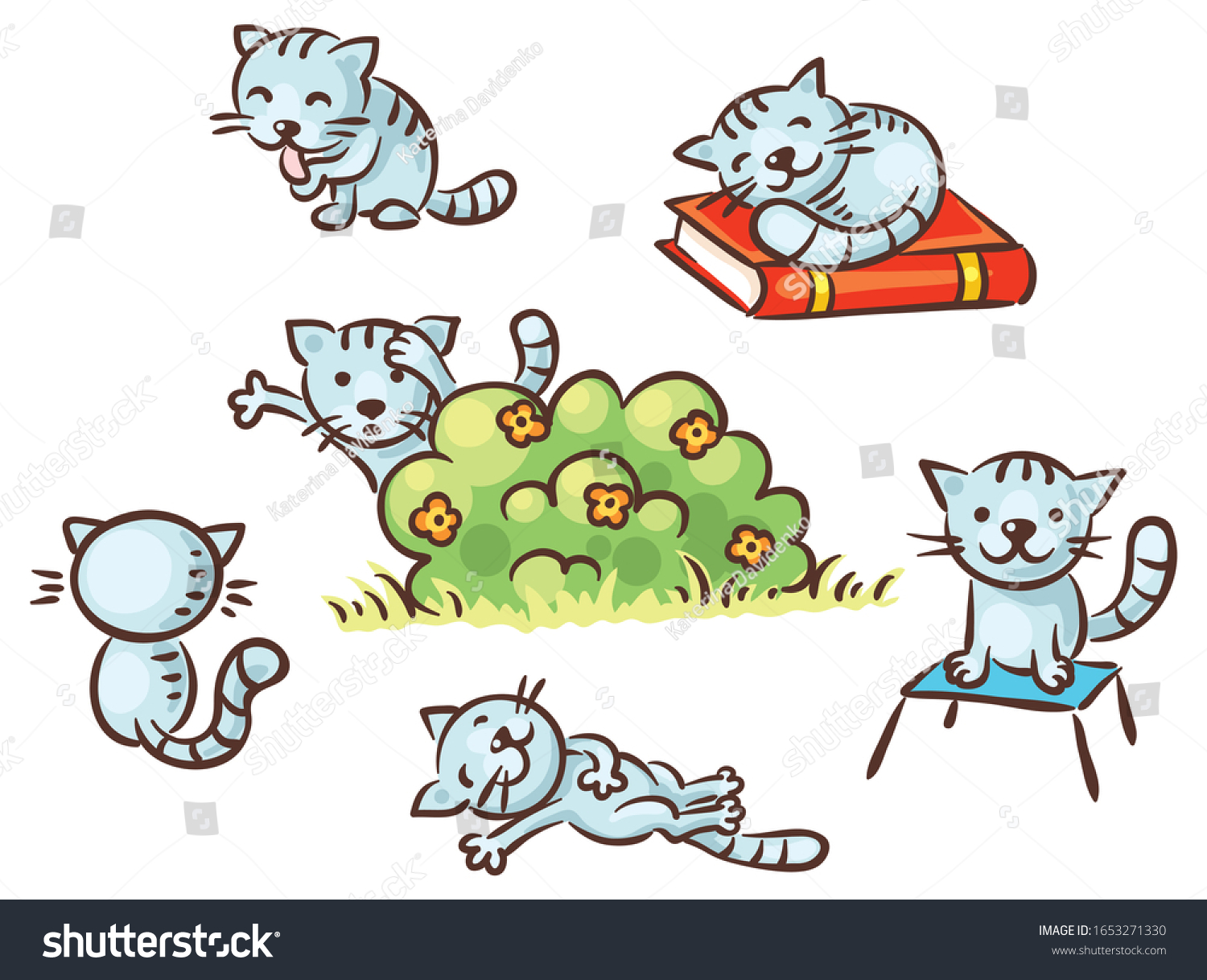 Cute Cartoon Cat Set Different Poses เวกเตอร์สต็อก ปลอดค่าลิขสิทธิ์