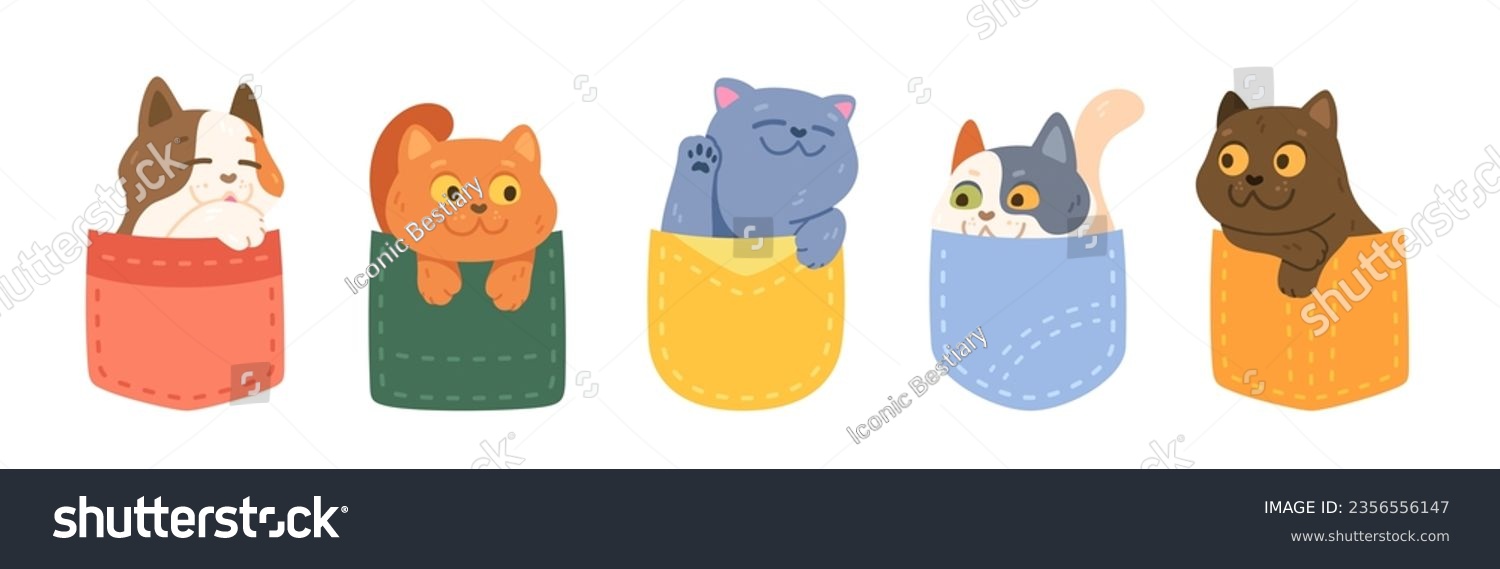 SVG of Cute cartoon cats characters in pockets set. Funny animal kittens smiling, looking, waving paw. Adorable happy pet collection. Childish baby kitties, love drawing design flat vector illustration svg