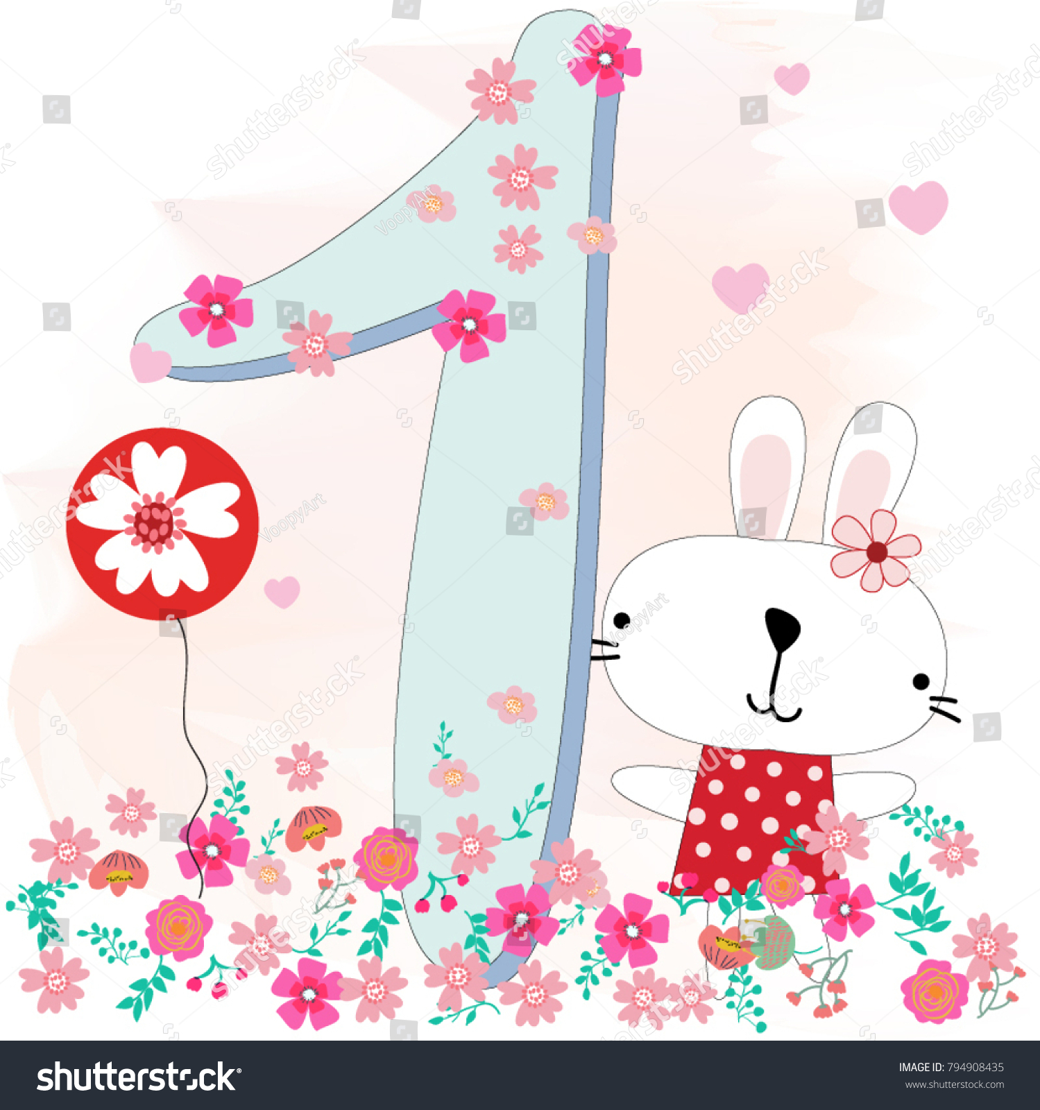 Cute Cartoon Celebrated Rabbit Bunny Flower Stock Vector Royalty