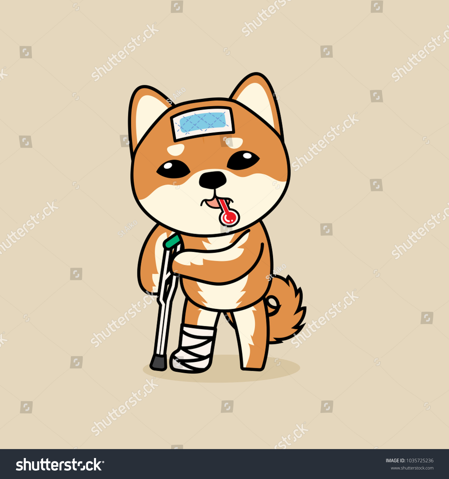 SVG of Cute cartoon character design Shiba Inu dog get sick and broken leg. use cooling fever patch on forehead svg