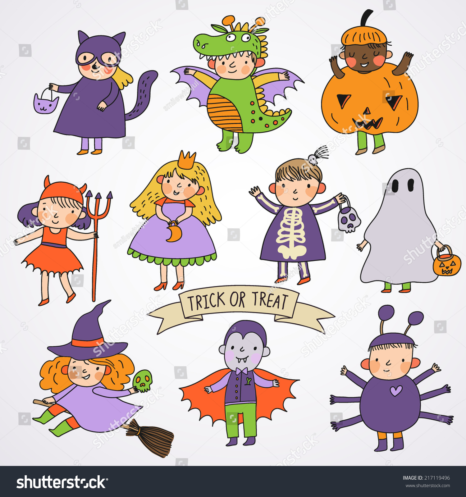 Cute Cartoon Children In Halloween Costumes: Princess, Ghost, Pumpkin ...