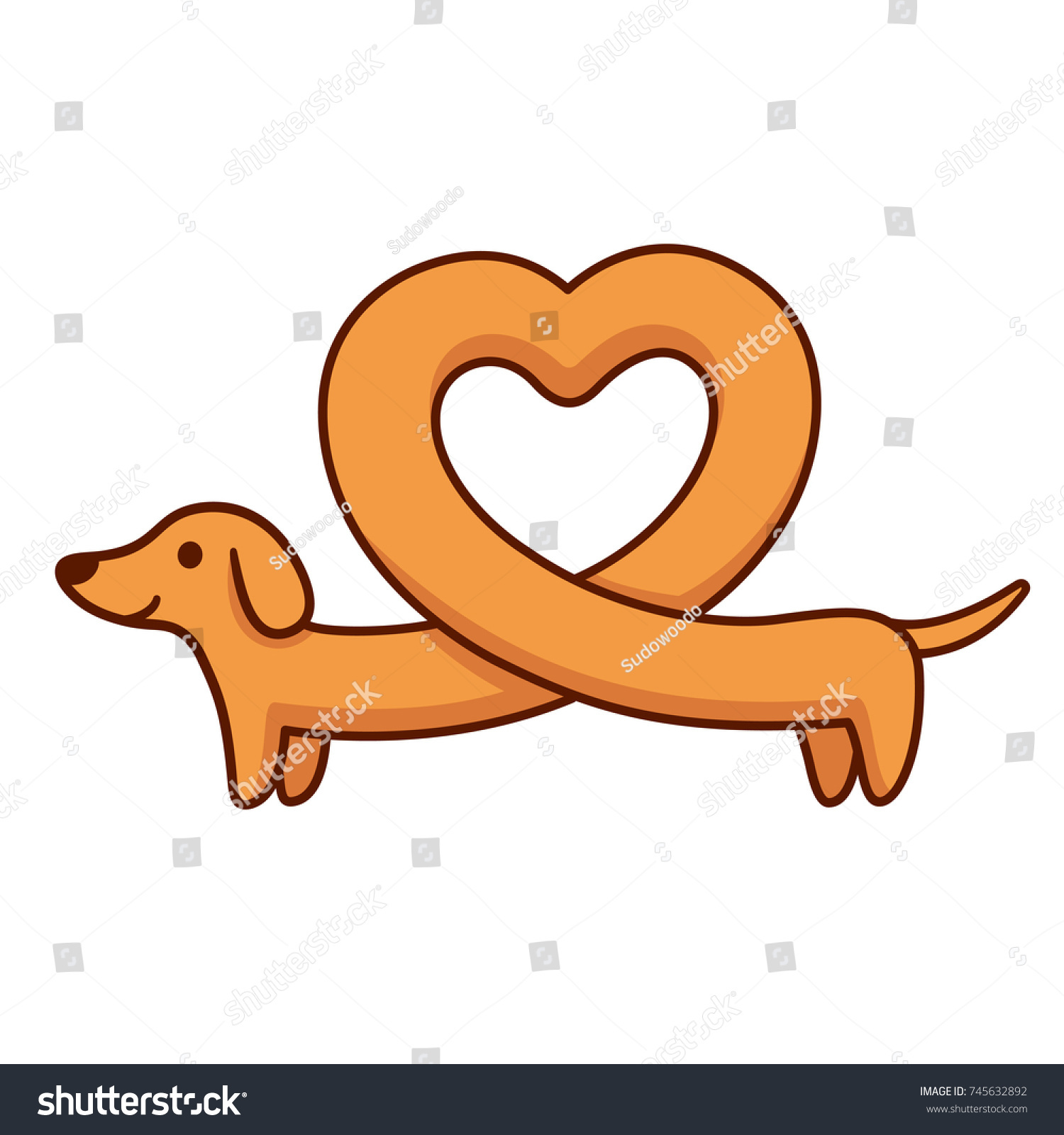 SVG of Cute cartoon dachshund with heart shaped body, funny long wiener dog. St. Valentines day greeting card vector illustration. svg