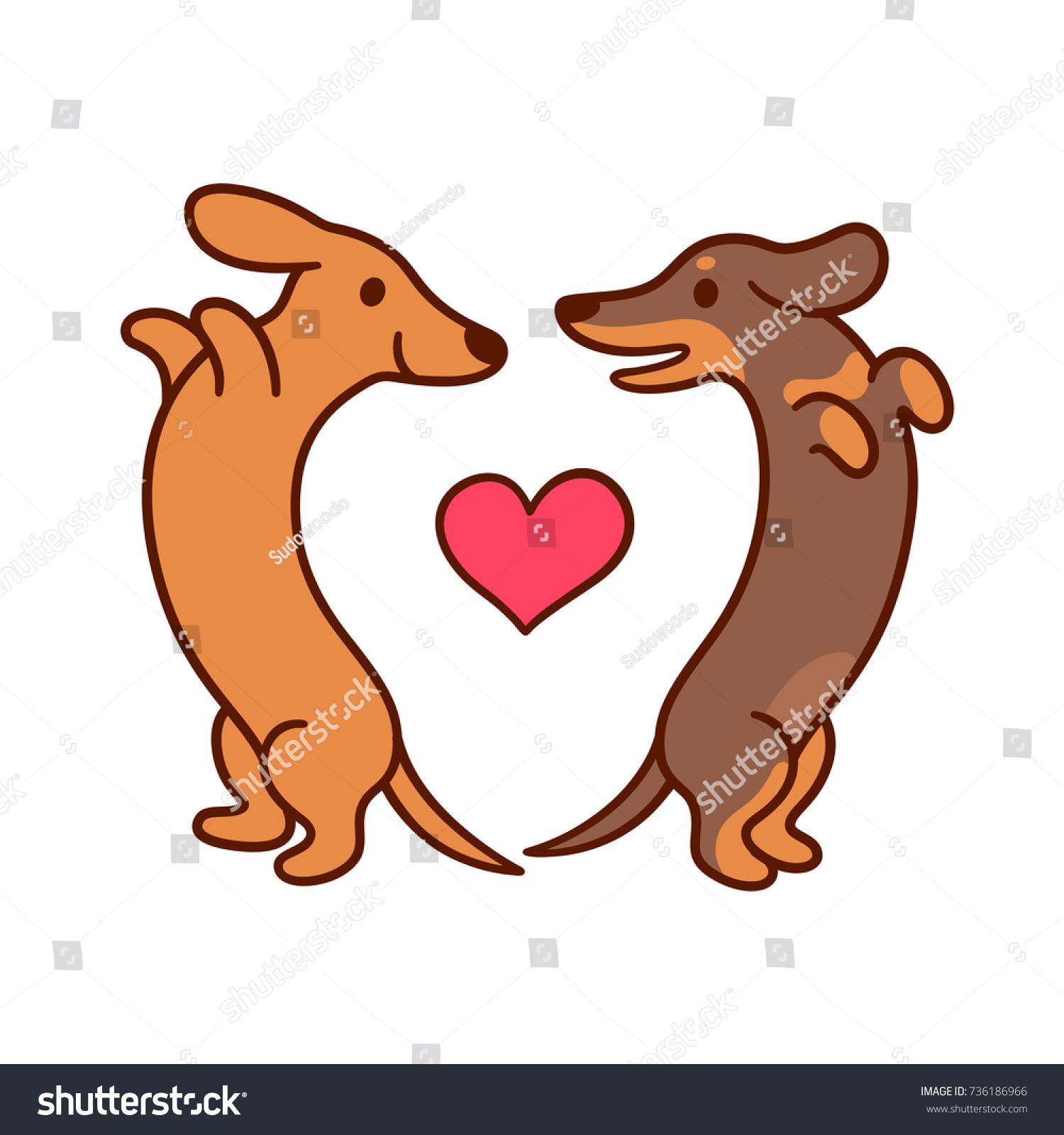 SVG of Cute cartoon dachshunds in love, adorable wiener dogs looking at each other in heart shape. St. Valentines day greeting card vector illustration. svg