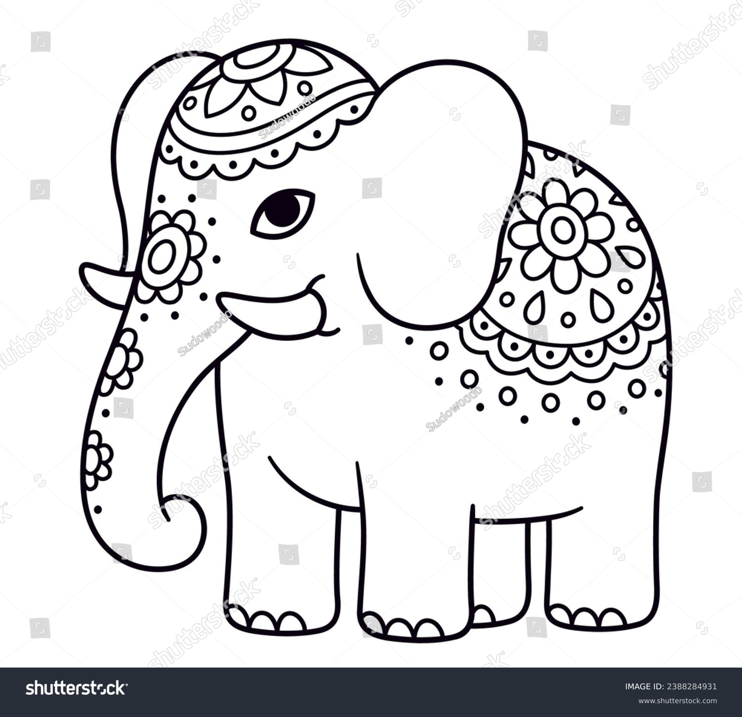 SVG of Cute cartoon decorated elephant doodle. Indian elephant with painted flowers. Black and white line art for coloring. Vector clip art illustration. svg