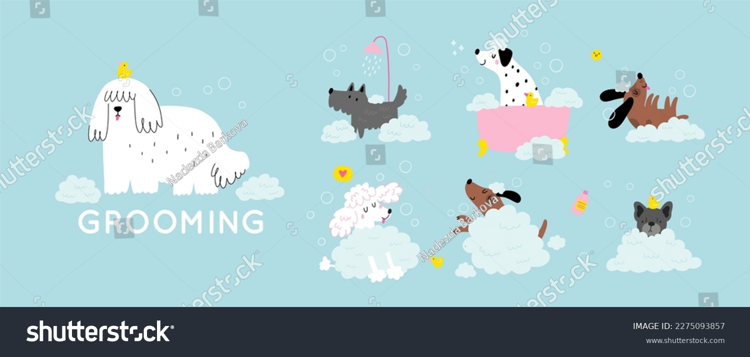 SVG of Cute cartoon dog Happy Grooming. Pet washing service flat vector illustration. Happy bathing pet	
 svg