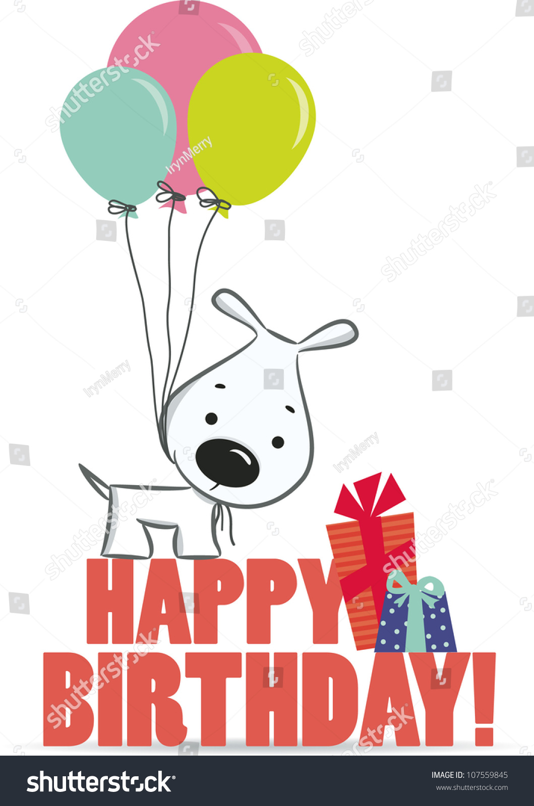 Cute Cartoon Dog With Balloons. A Birthday Greeting. Vector ...
