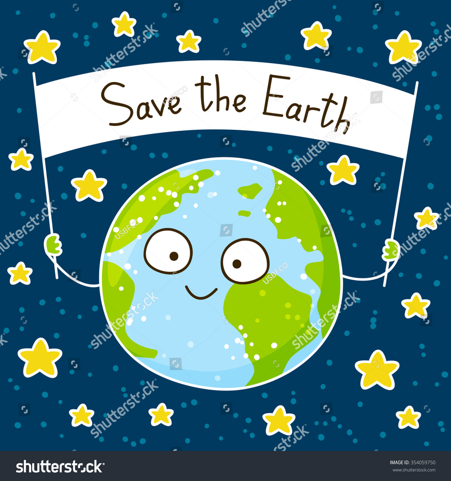 Cute Cartoon Earth On Space Background Stock Vector Illustration ...