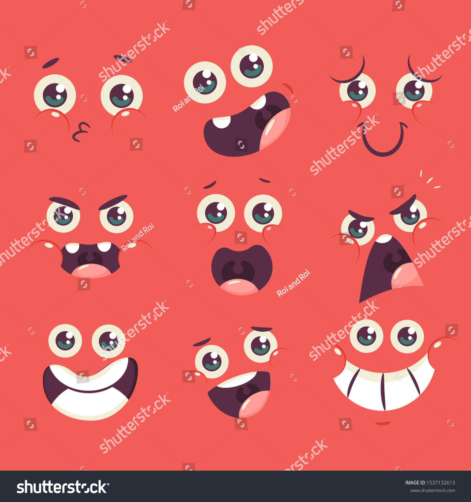 Cute Cartoon Face Characters Different Emotions Stock Vector (Royalty ...