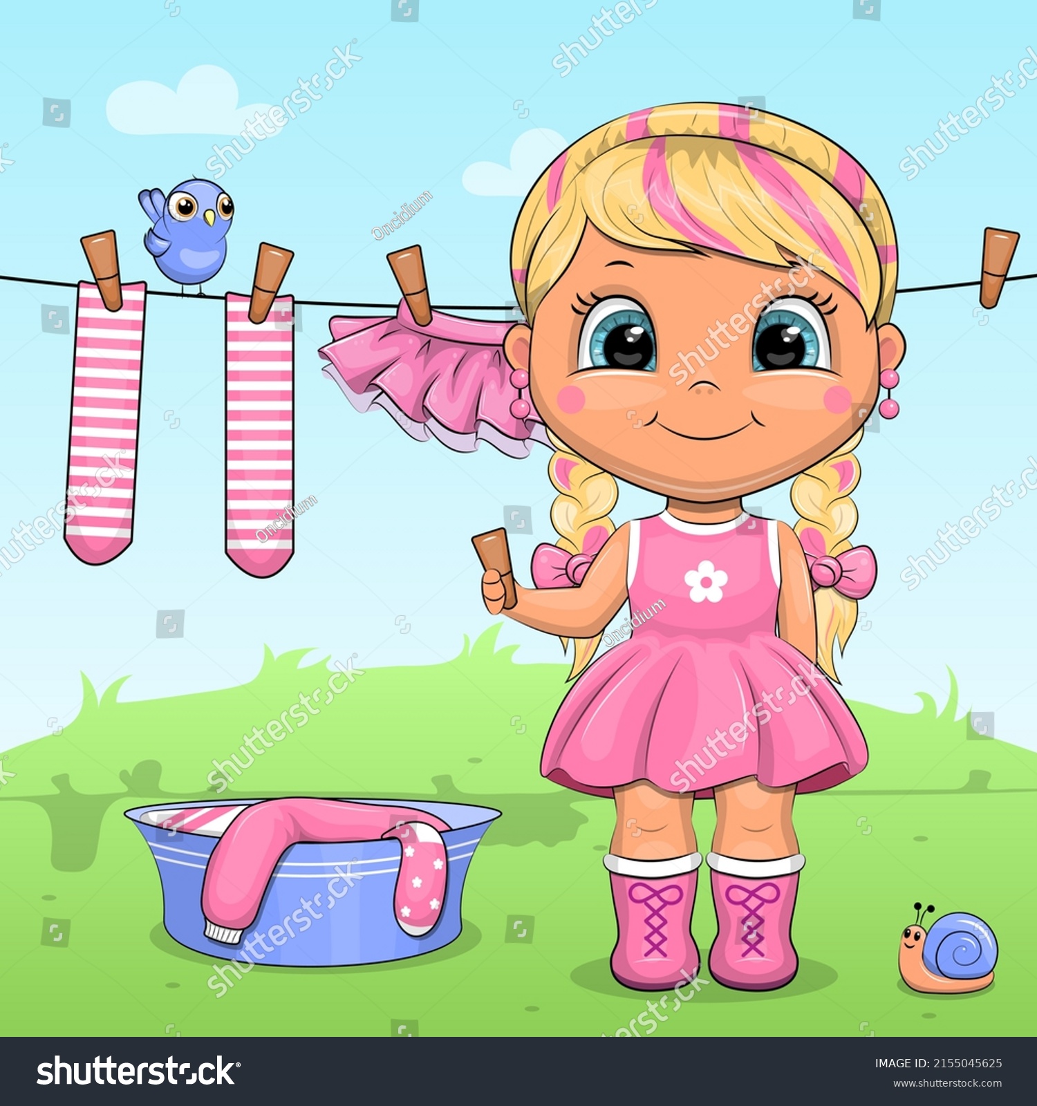 Cute Cartoon Girl Hangs Laundry Vector Stock Vector (Royalty Free ...