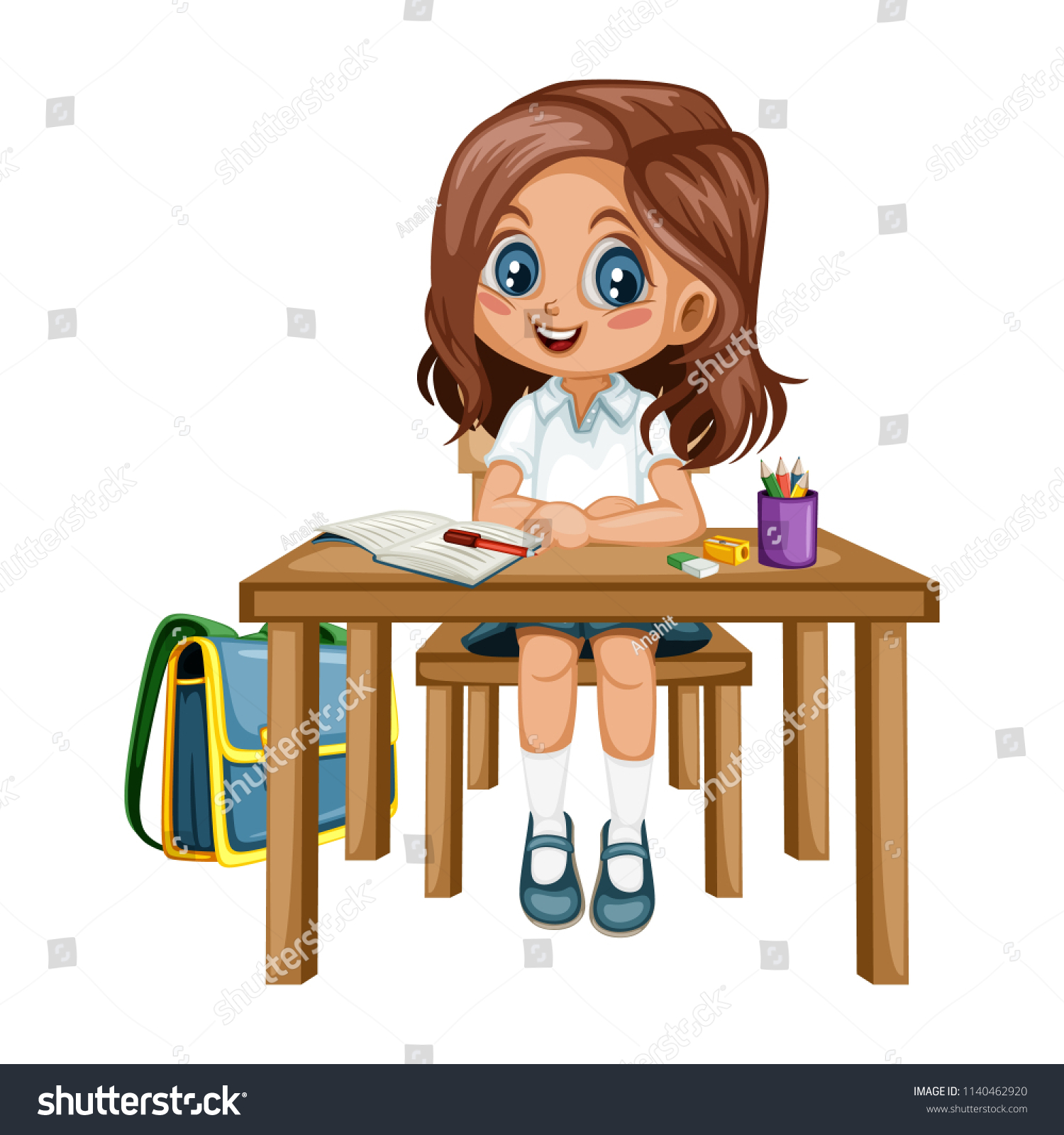 Cute Cartoon Girl Sitting Desk Different Stock Vector Royalty