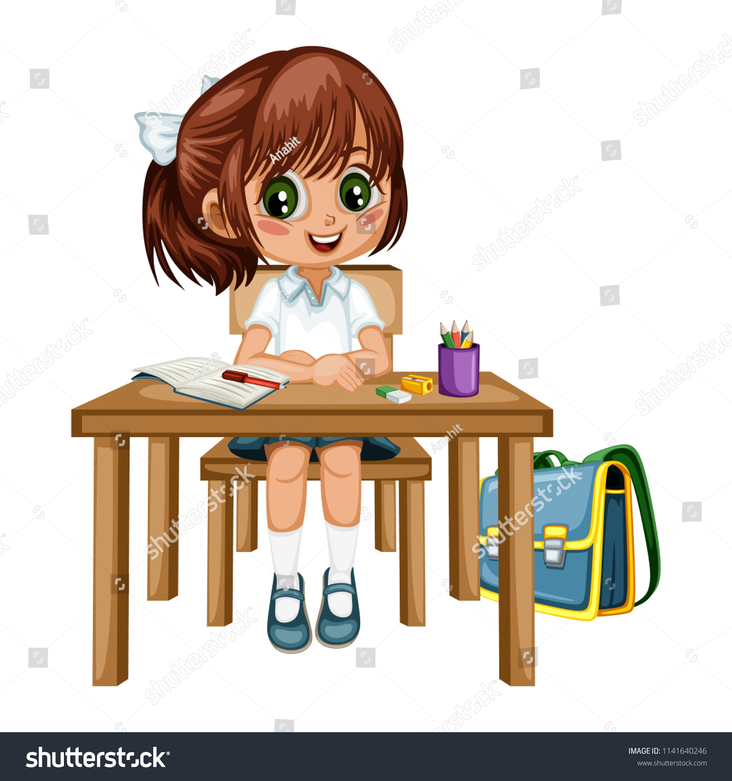 Cute Cartoon Girl Sitting Desk Different Stock Vector Royalty