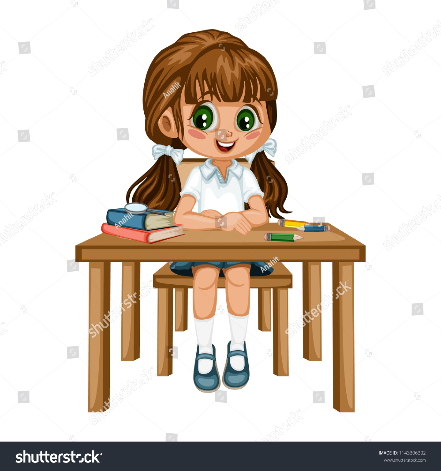 Cute Cartoon Girl Sitting Desk Different Stock Vector Royalty