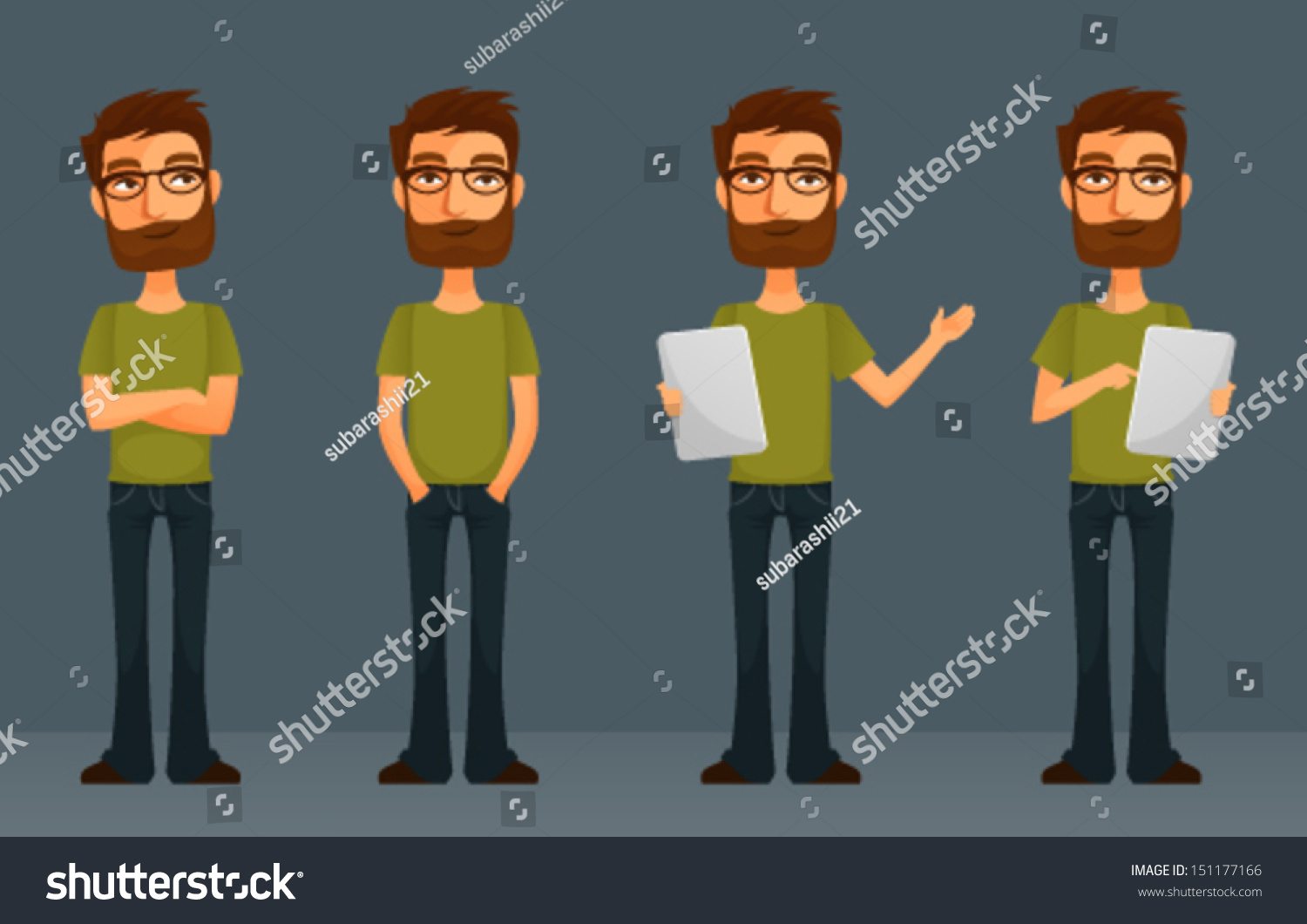 Cute Cartoon Guy With Beard And Glasses, In Various Poses Stock Vector ...