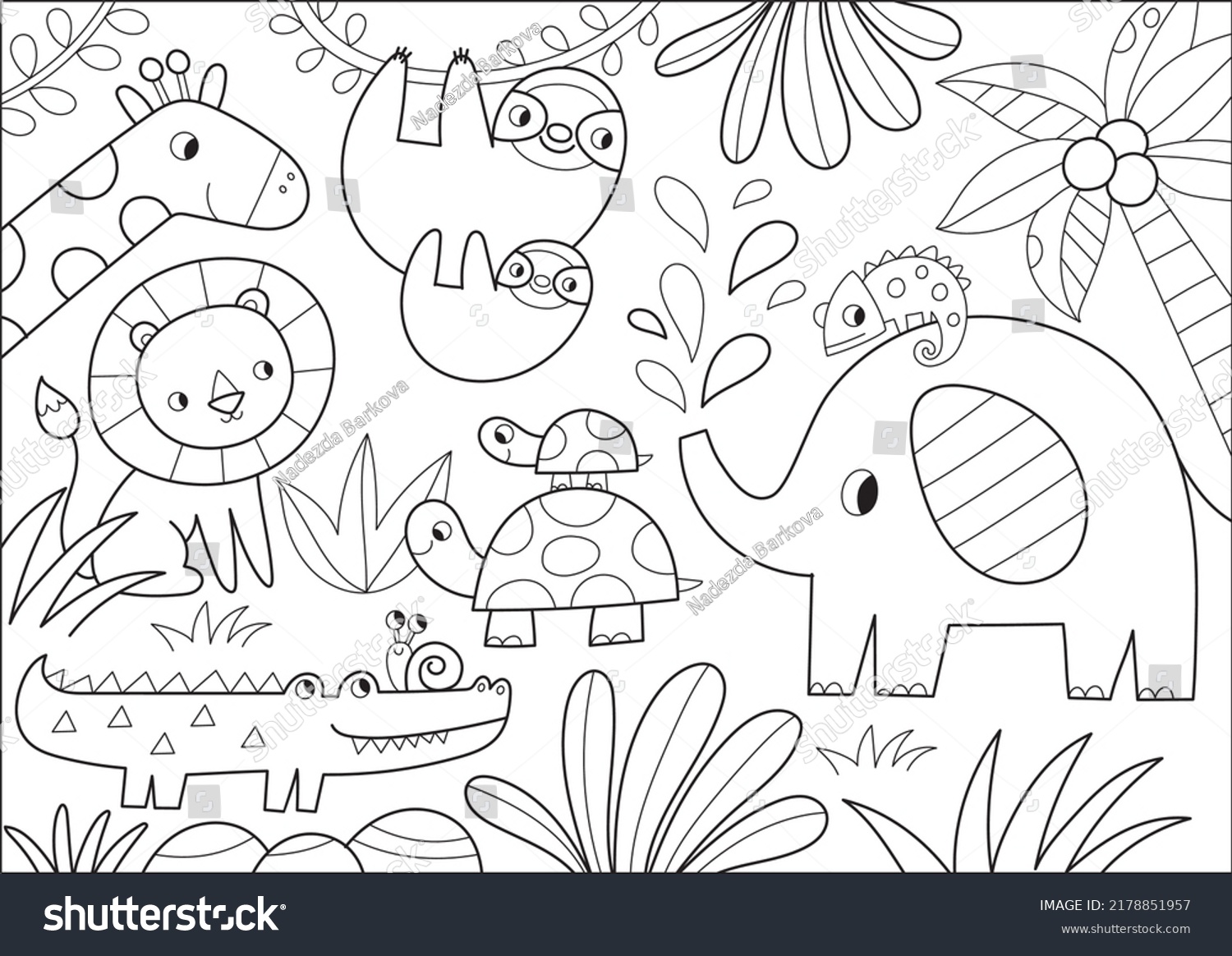 SVG of Cute cartoon hand drawn safari animals. Coloring page - african animals lion, elephant, sloth, turtle, giraffe, crocodile, chameleon. Activity coloring poster for children svg