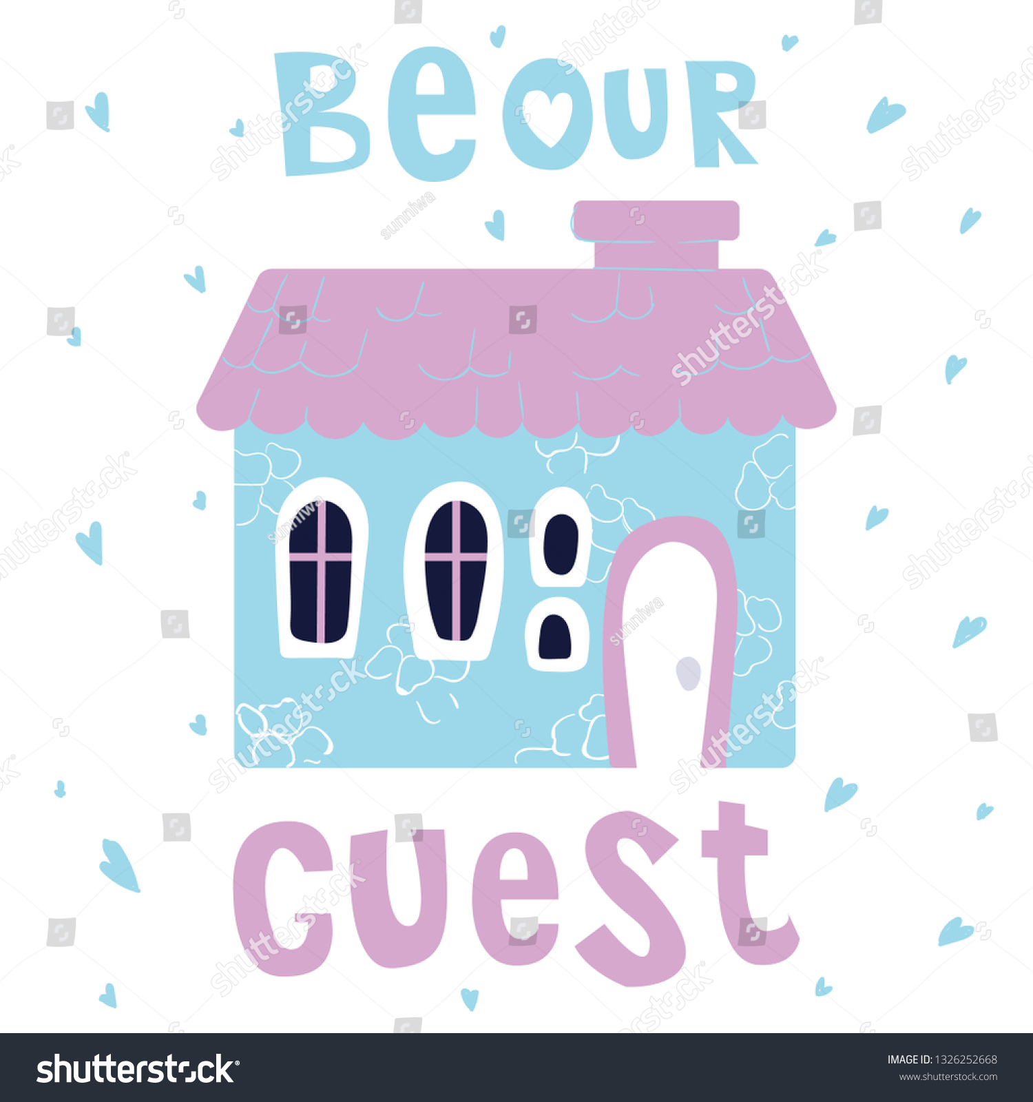 SVG of Cute cartoon house, sweet home, bright colors, lettering - be our guest. Flat vector illustration for greeting card or poster template, print svg