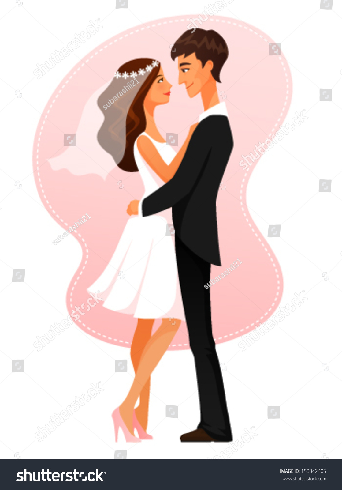 Cute Cartoon Illustration Of A Young Newly Wed Couple - 150842405 ...