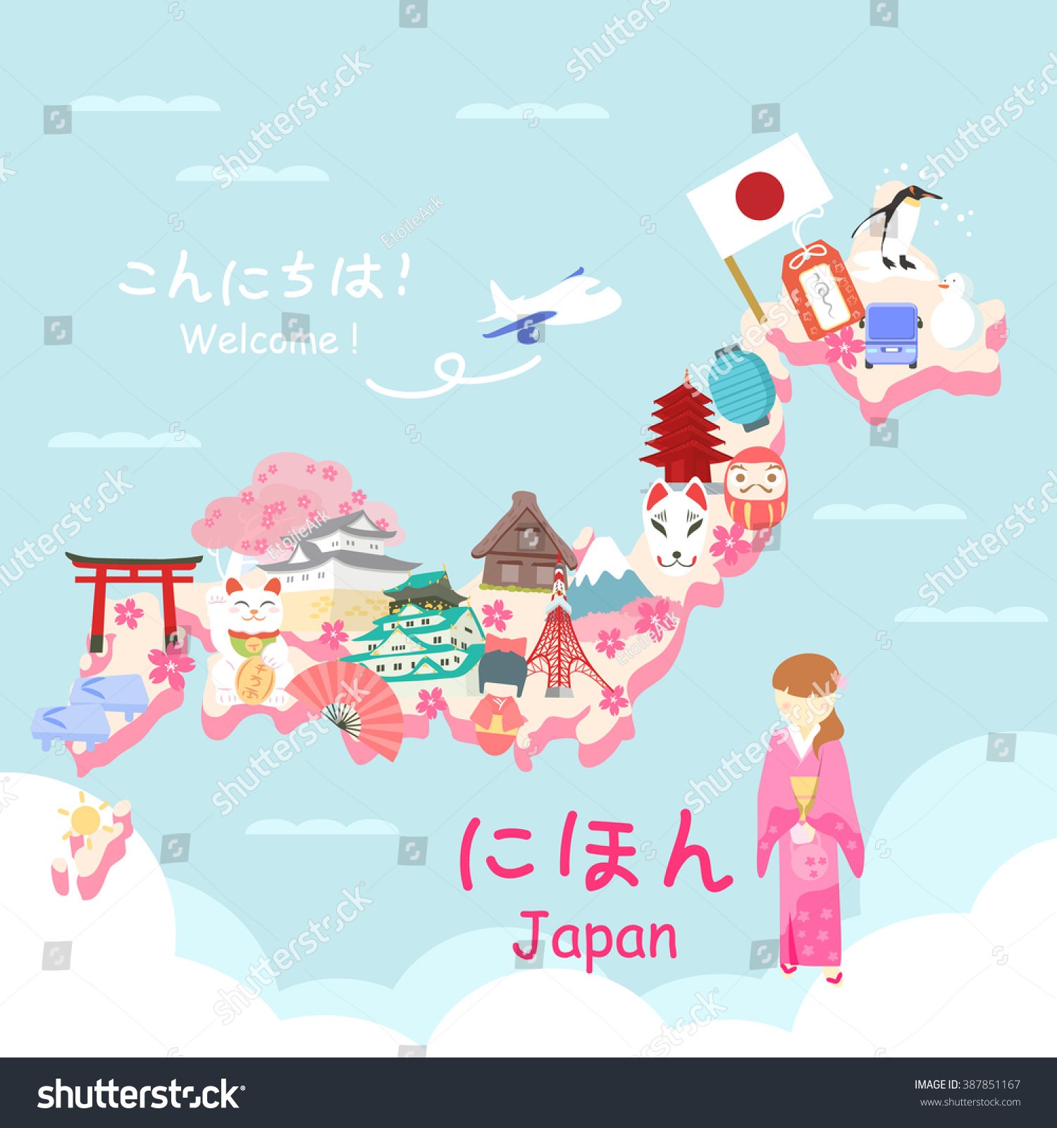 Cute Cartoon Japan Element -Welcome On Upper Left In Japanese Words And ...