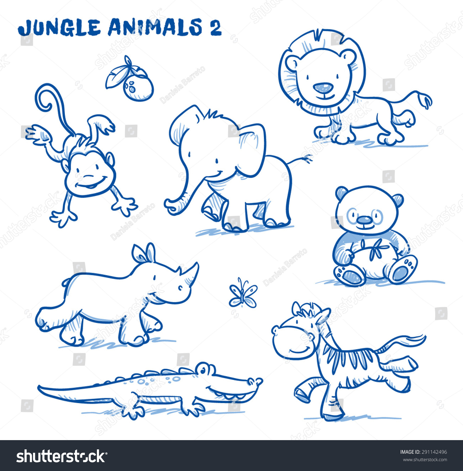 Cute cartoon jungle safari animals elephant monkey lion rhinoceros zebra