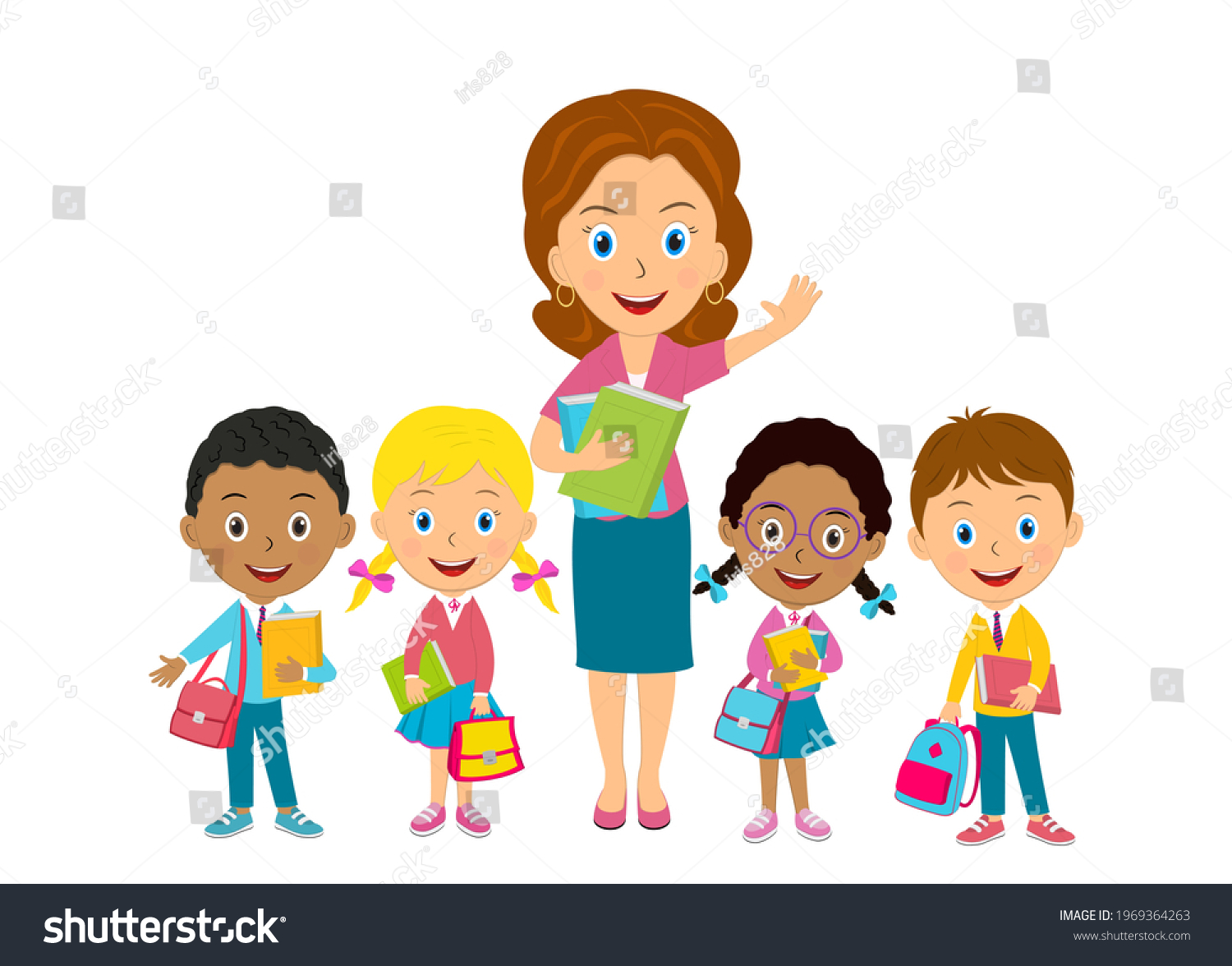 Cute Cartoon Kids Teacher Stand Togetherillustrationvector Stock Vector ...