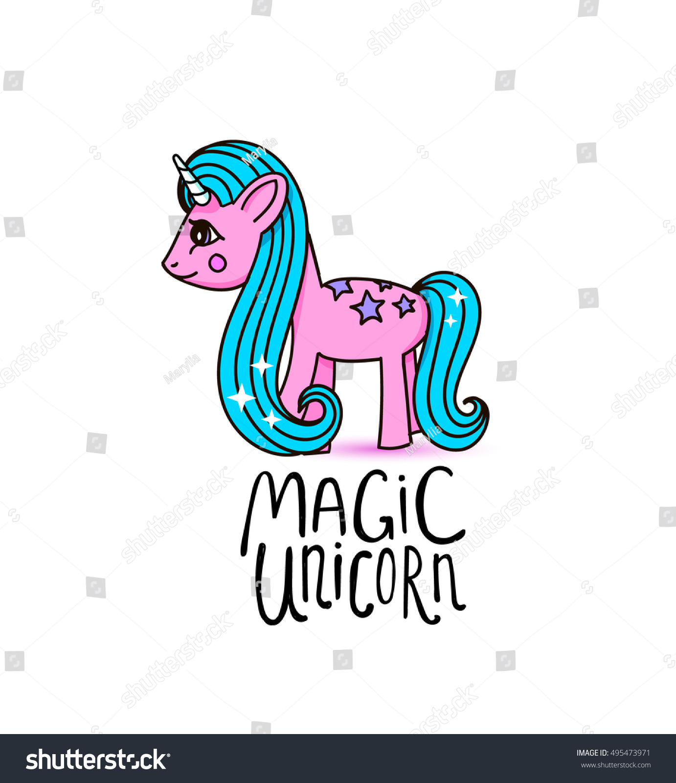 SVG of Cute cartoon little pink horse with blue hair, beautiful unicorn princess character, vector kids illustration isolated on white. My little pony svg