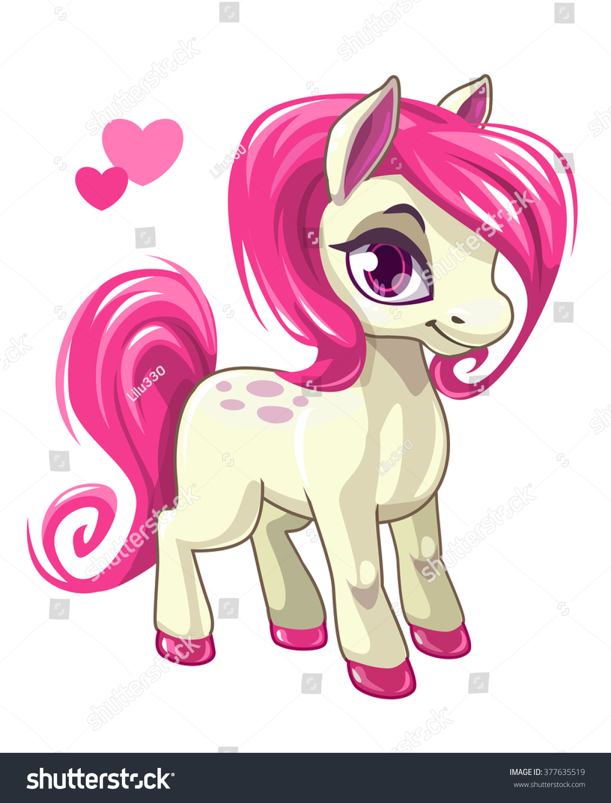 SVG of Cute cartoon little white baby horse with pink hair, beautiful pony princess character, vector illustration isolated on white svg